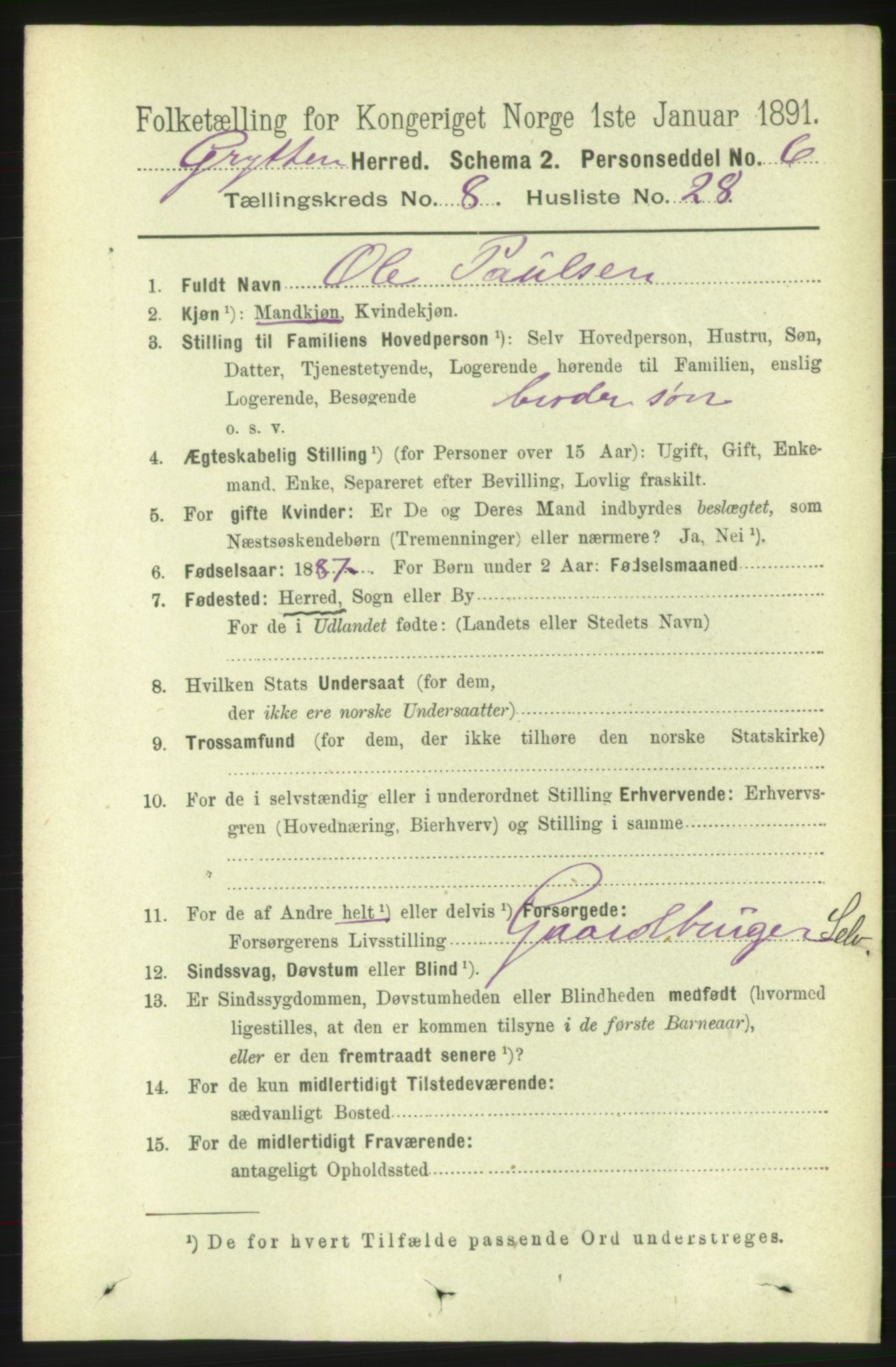 RA, 1891 census for 1539 Grytten, 1891, p. 3312