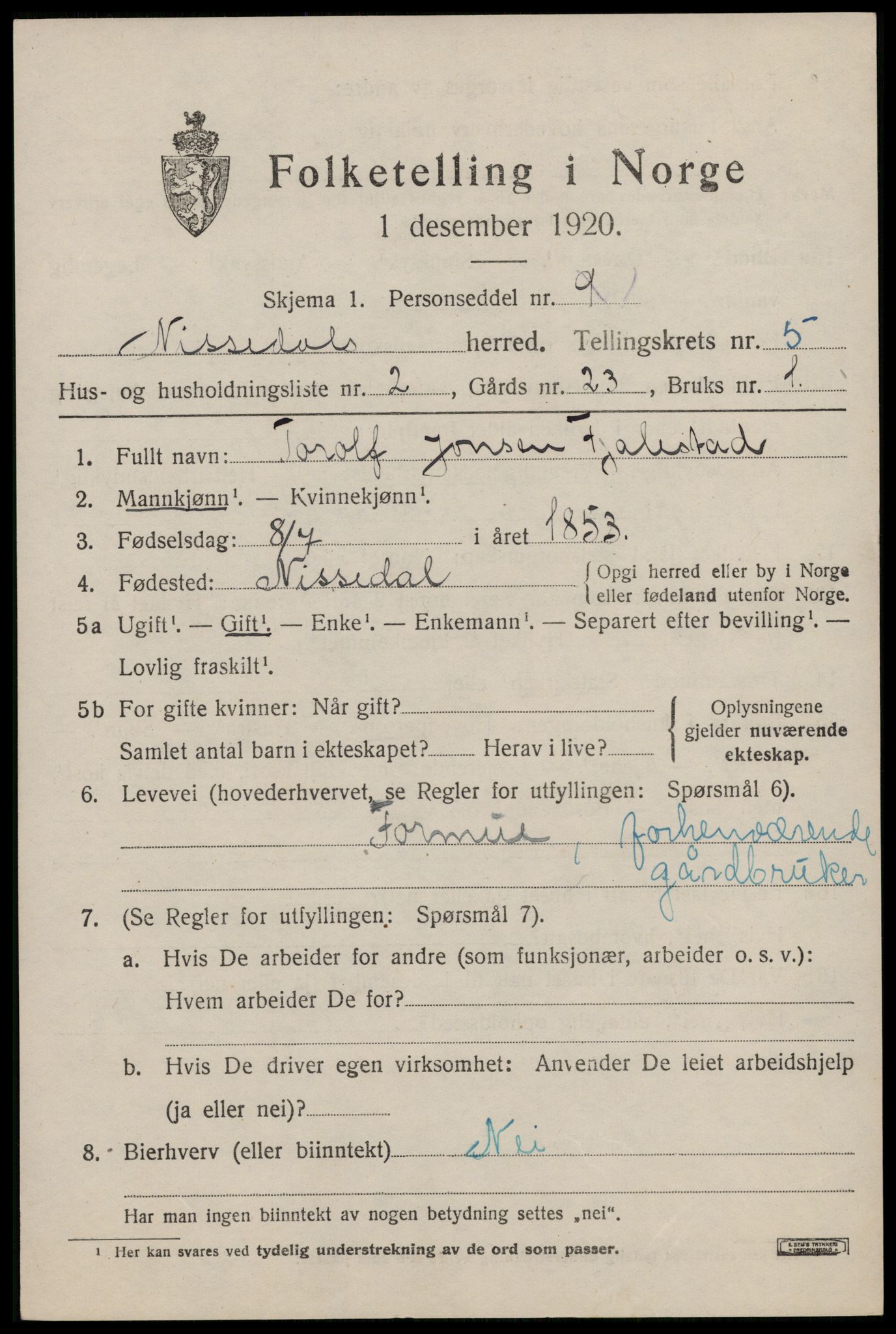 SAKO, 1920 census for Nissedal, 1920, p. 2045
