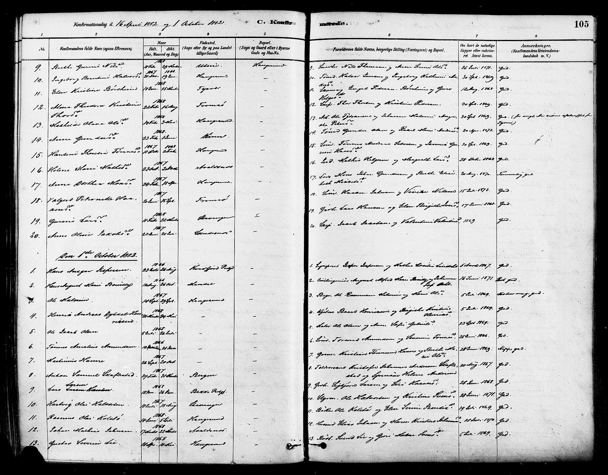 Haugesund sokneprestkontor, AV/SAST-A -101863/H/Ha/Haa/L0001: Parish register (official) no. A 1, 1878-1885, p. 105