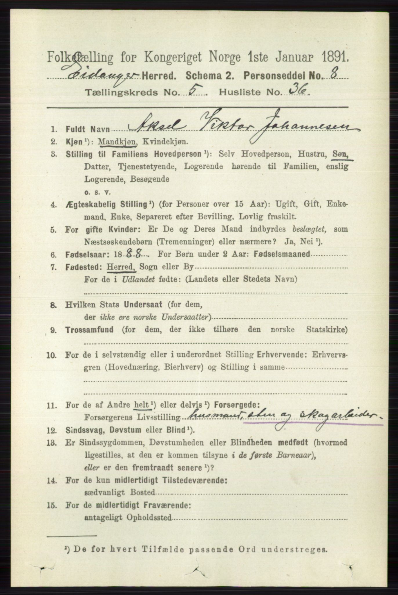 RA, 1891 census for 0813 Eidanger, 1891, p. 2536