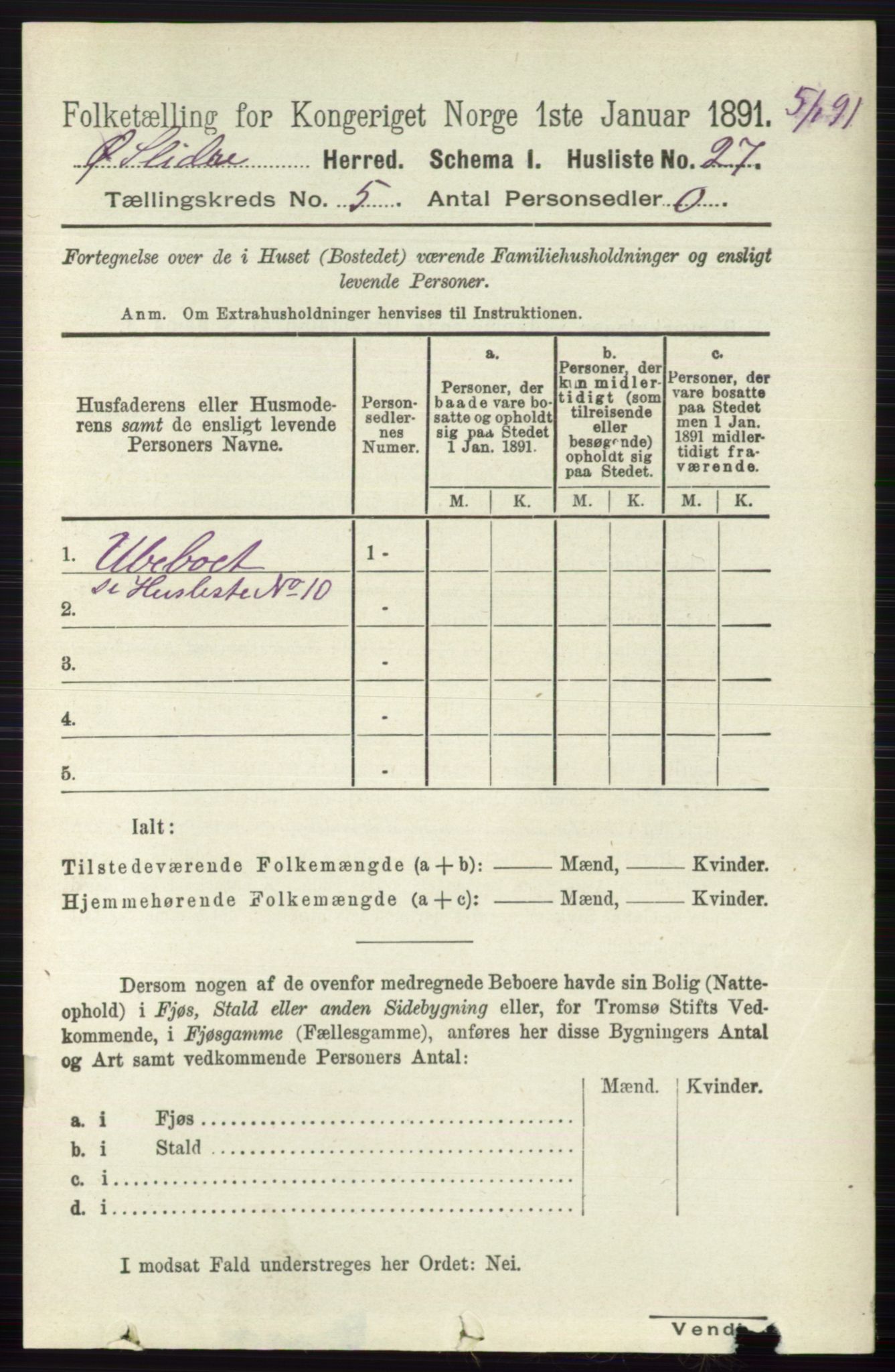 RA, 1891 census for 0544 Øystre Slidre, 1891, p. 1599