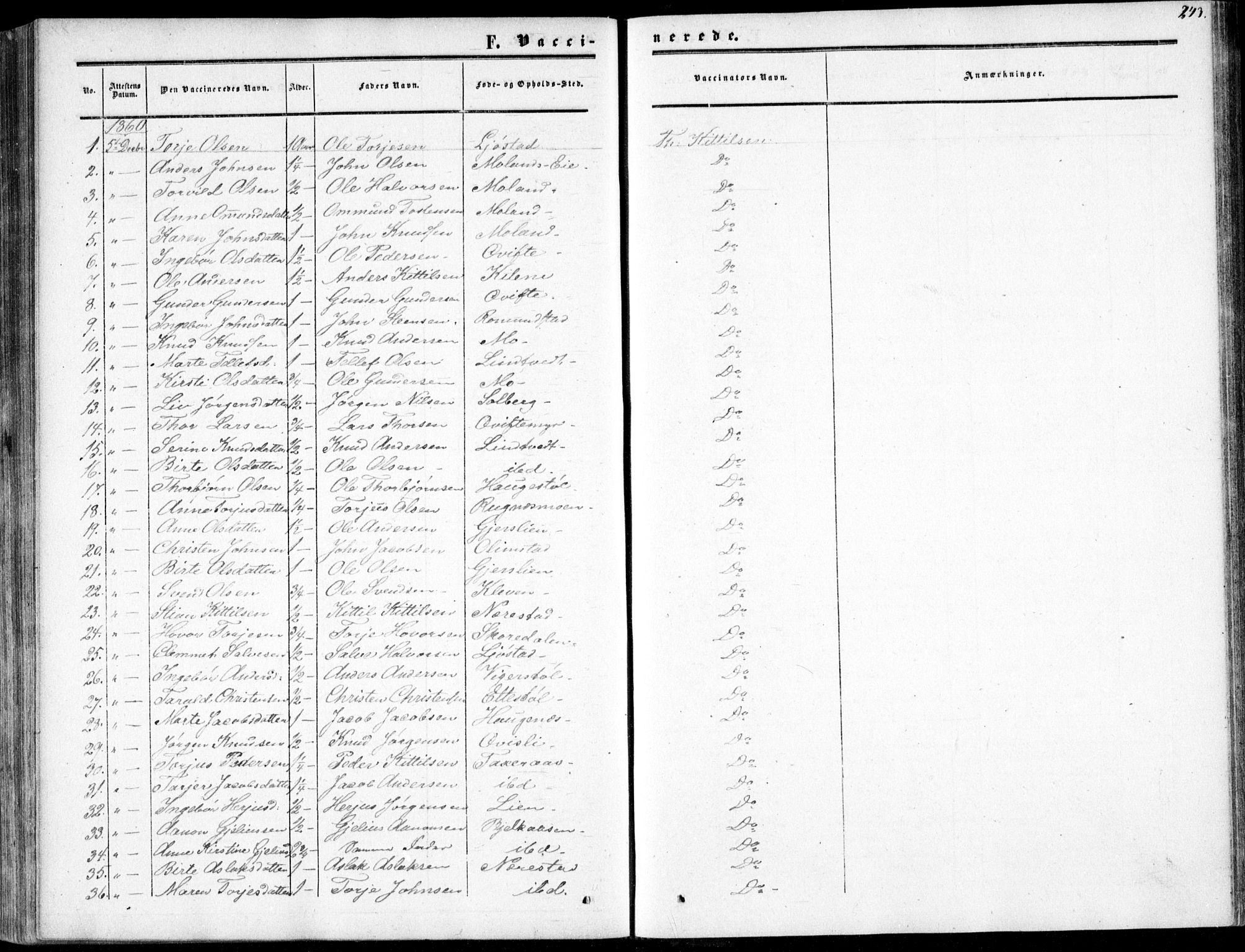 Gjerstad sokneprestkontor, AV/SAK-1111-0014/F/Fa/Fab/L0003: Parish register (official) no. A 3, 1853-1878, p. 243