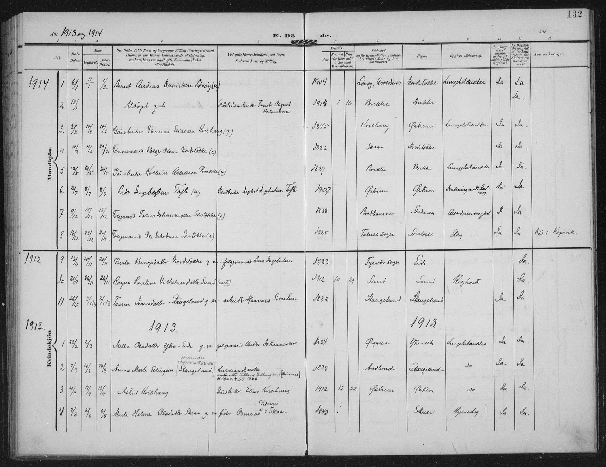 Kopervik sokneprestkontor, AV/SAST-A-101850/H/Ha/Haa/L0003: Parish register (official) no. A 3, 1906-1924, p. 132