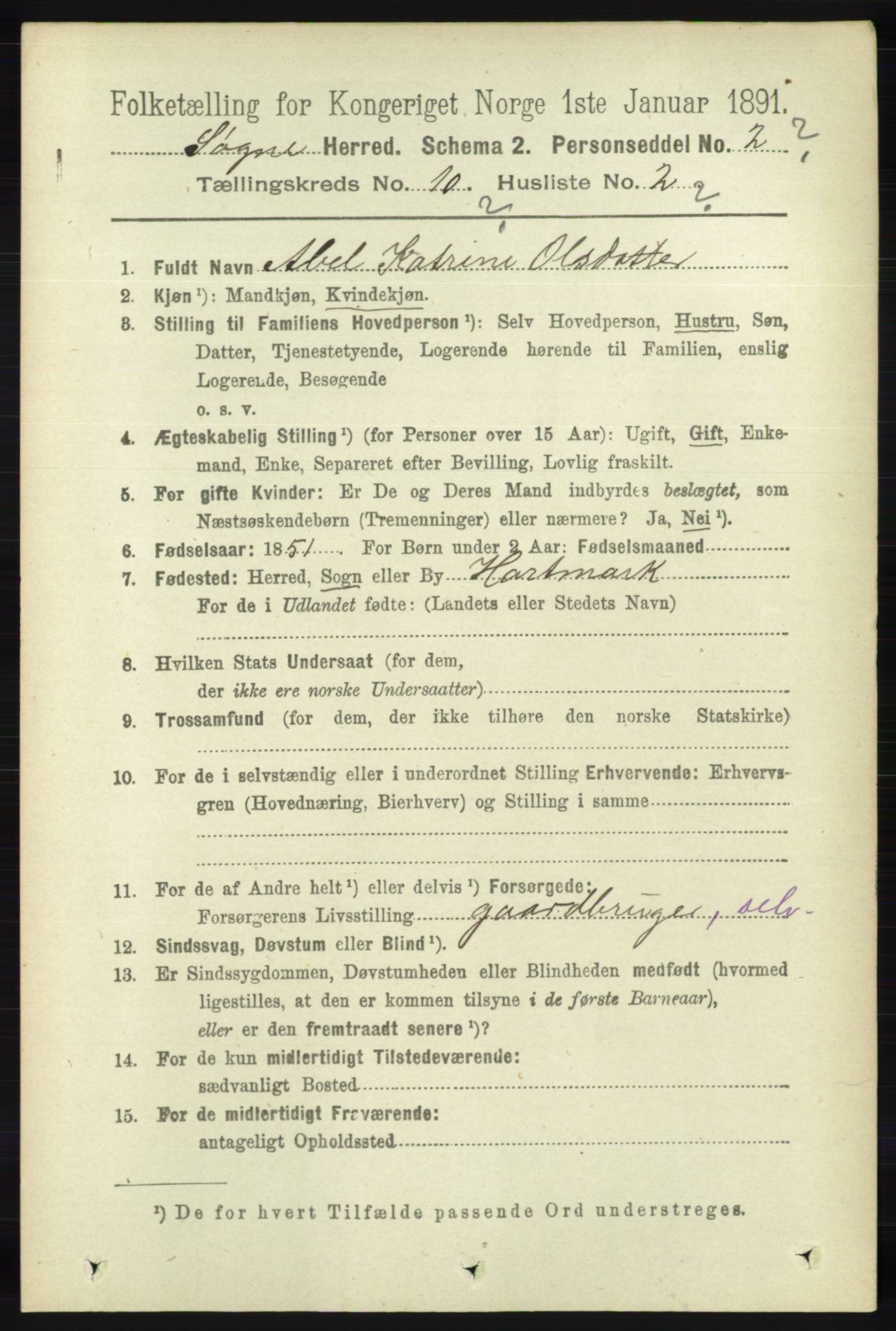 RA, 1891 census for 1018 Søgne, 1891, p. 2716