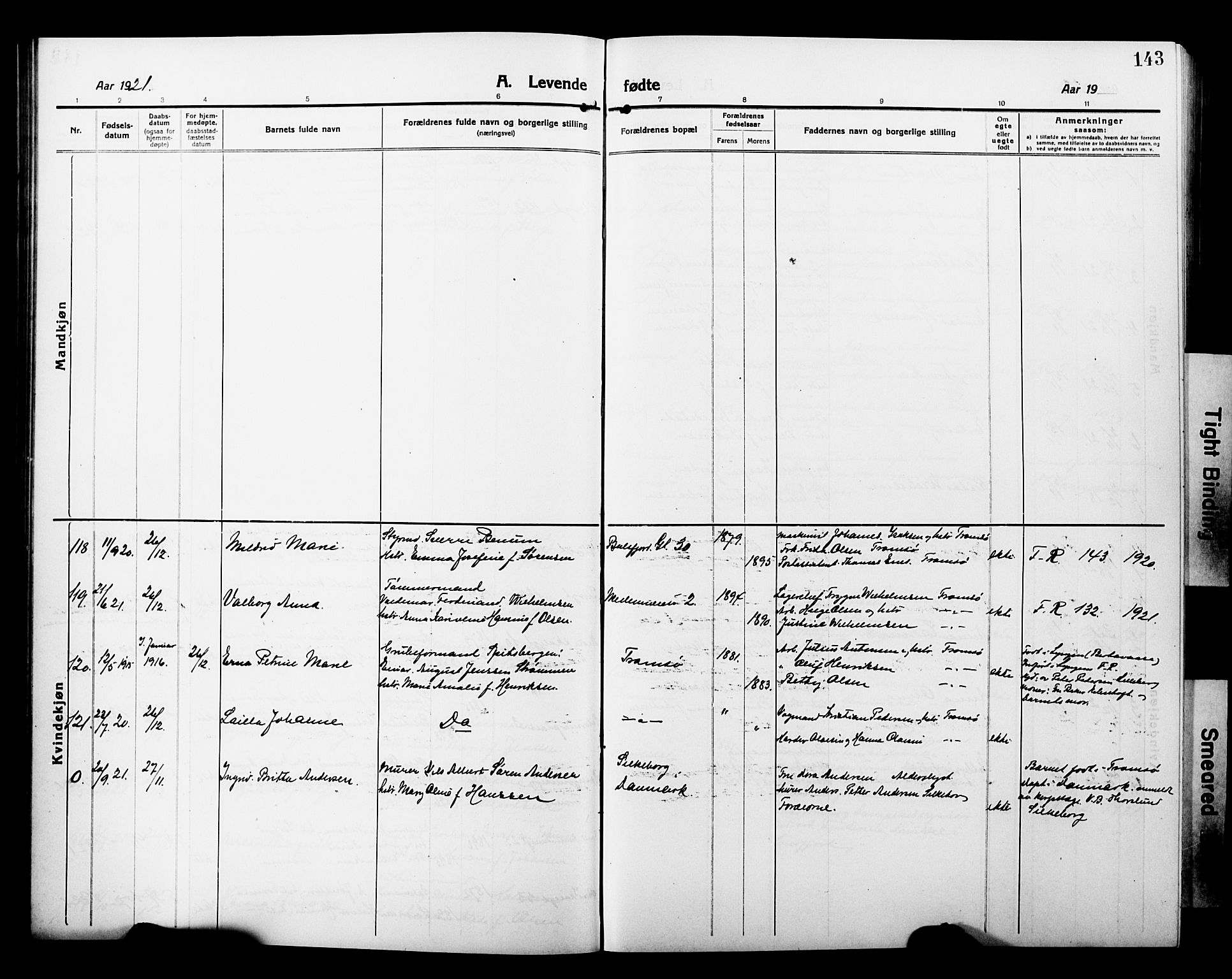 Tromsø sokneprestkontor/stiftsprosti/domprosti, SATØ/S-1343/G/Gb/L0009klokker: Parish register (copy) no. 9, 1915-1925, p. 143