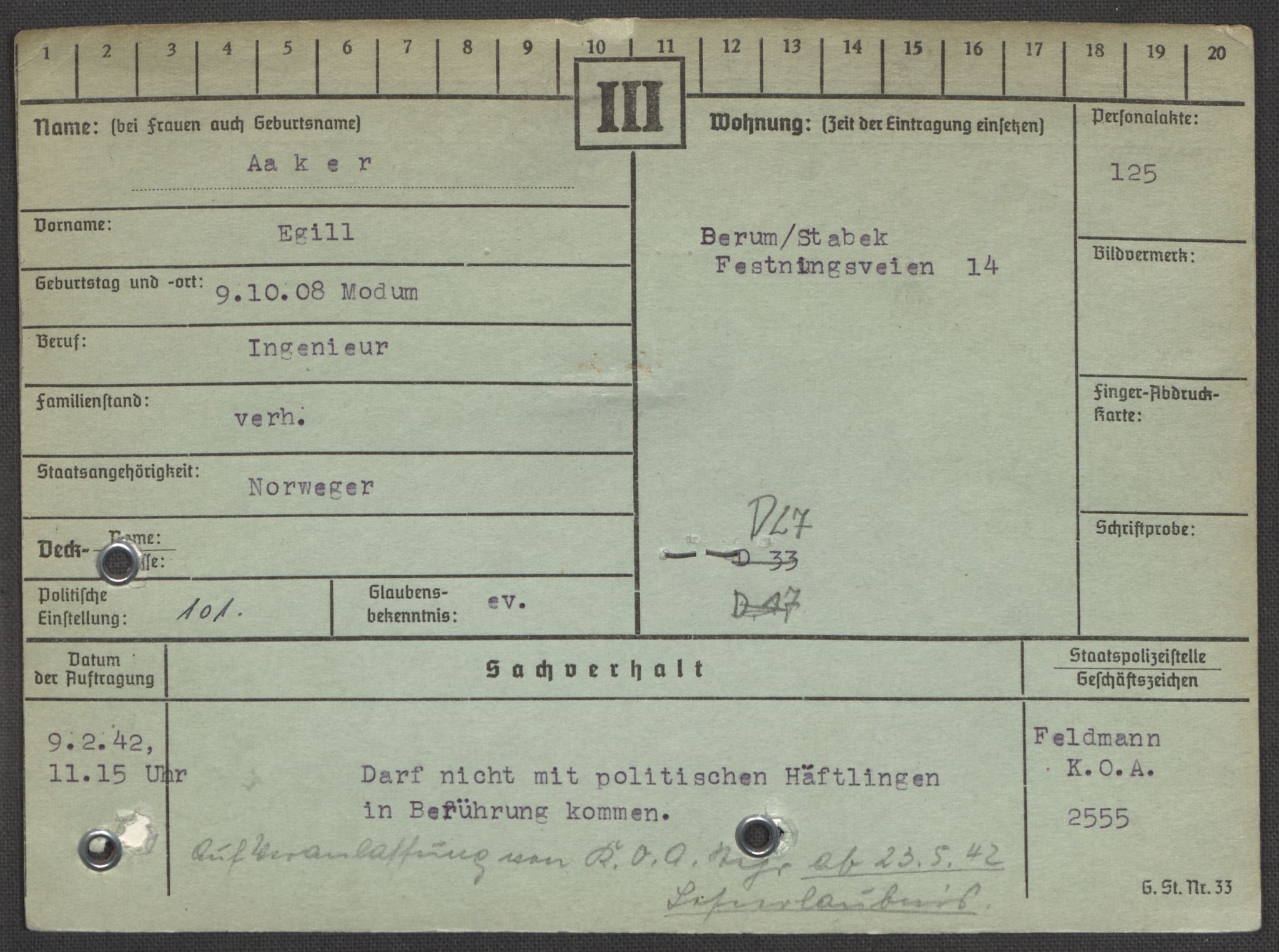 Befehlshaber der Sicherheitspolizei und des SD, AV/RA-RAFA-5969/E/Ea/Eaa/L0010: Register over norske fanger i Møllergata 19: Sø-Å, 1940-1945, p. 1388