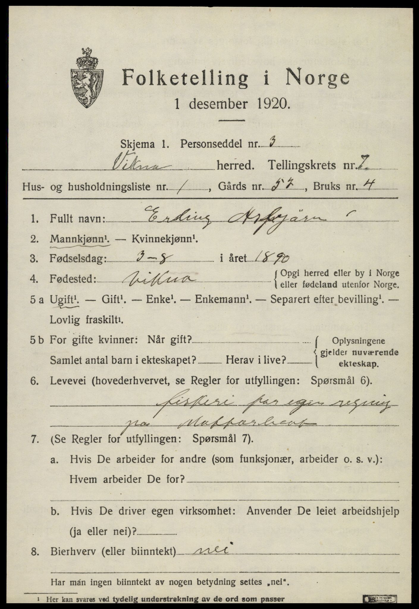 SAT, 1920 census for Vikna, 1920, p. 5479