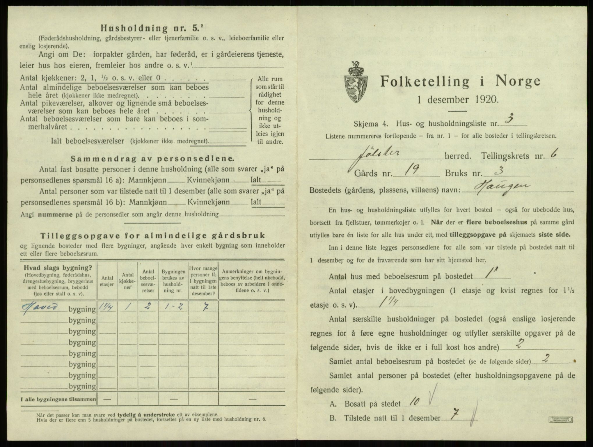 SAB, 1920 census for Jølster, 1920, p. 400