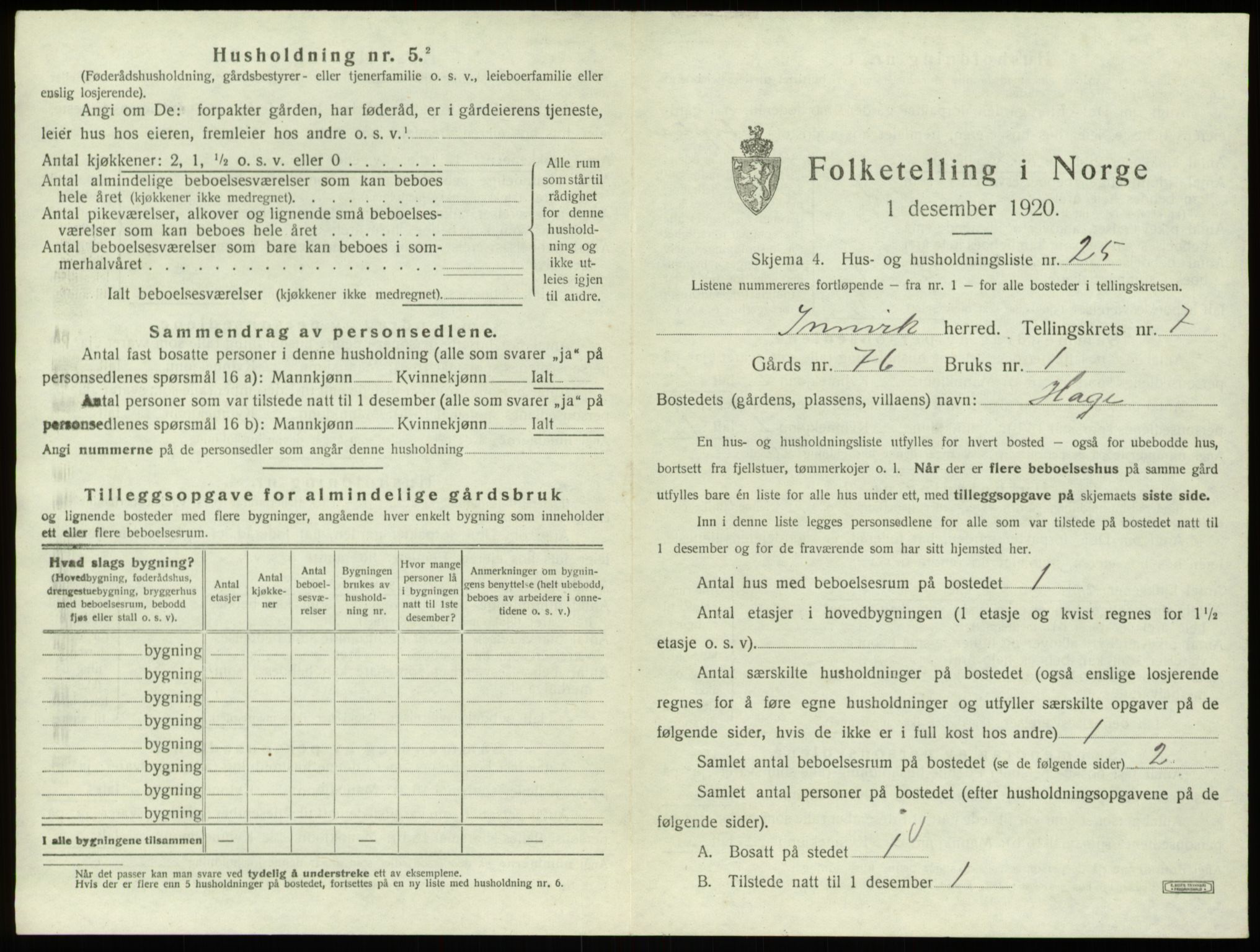 SAB, 1920 census for Innvik, 1920, p. 439