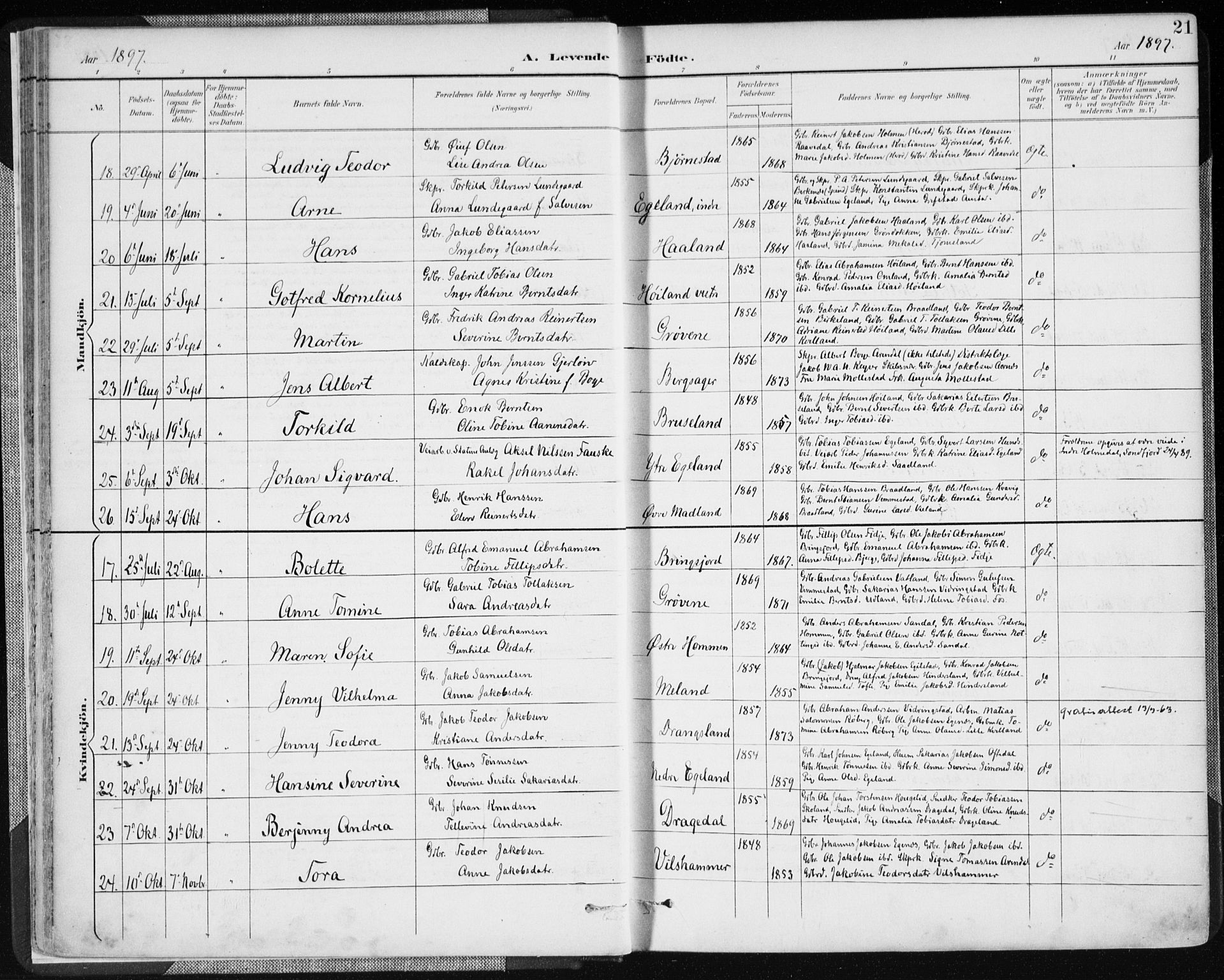 Lyngdal sokneprestkontor, AV/SAK-1111-0029/F/Fa/Fac/L0012: Parish register (official) no. A 12, 1894-1918, p. 21