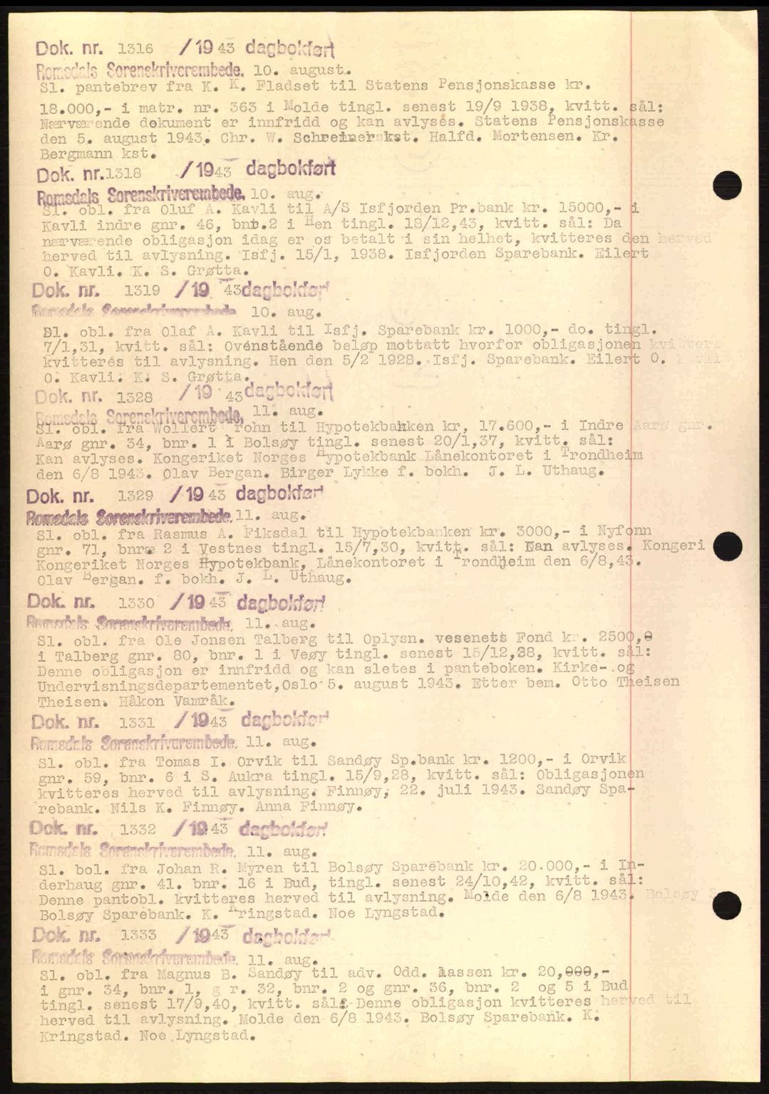 Romsdal sorenskriveri, AV/SAT-A-4149/1/2/2C: Mortgage book no. C1a, 1936-1945, Diary no: : 1316/1943