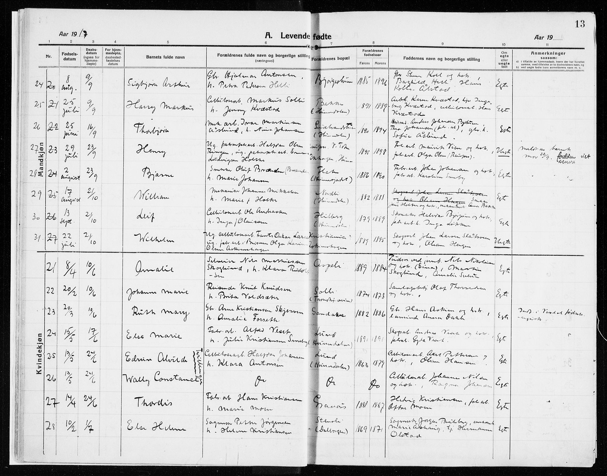 Vardal prestekontor, AV/SAH-PREST-100/H/Ha/Haa/L0017: Parish register (official) no. 17, 1915-1929, p. 13