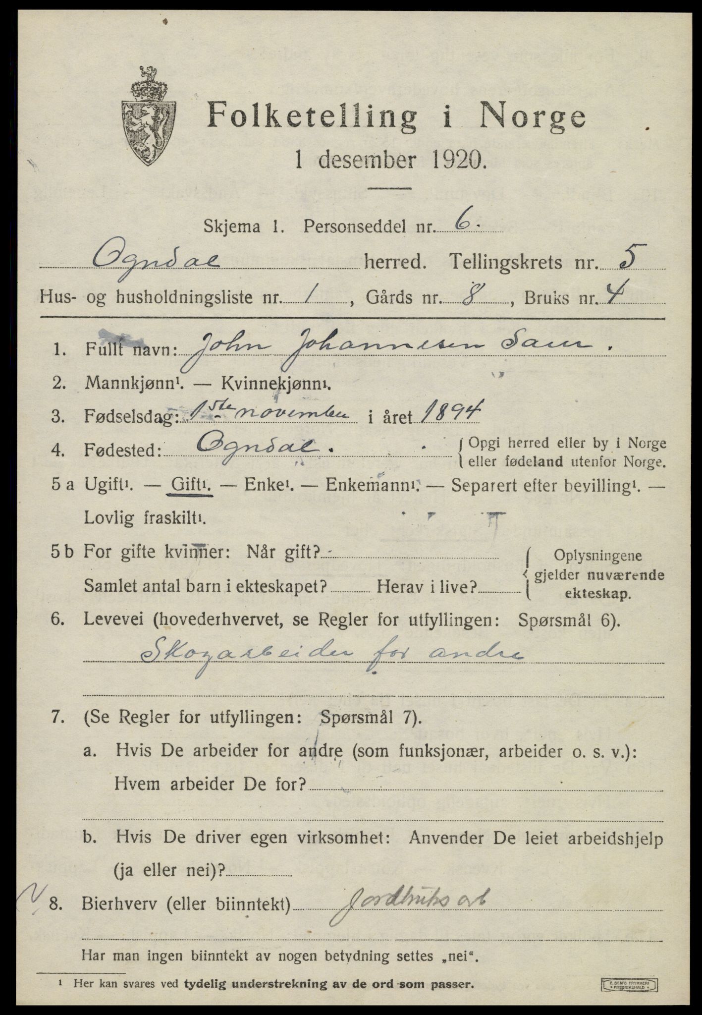 SAT, 1920 census for Ogndal, 1920, p. 1955