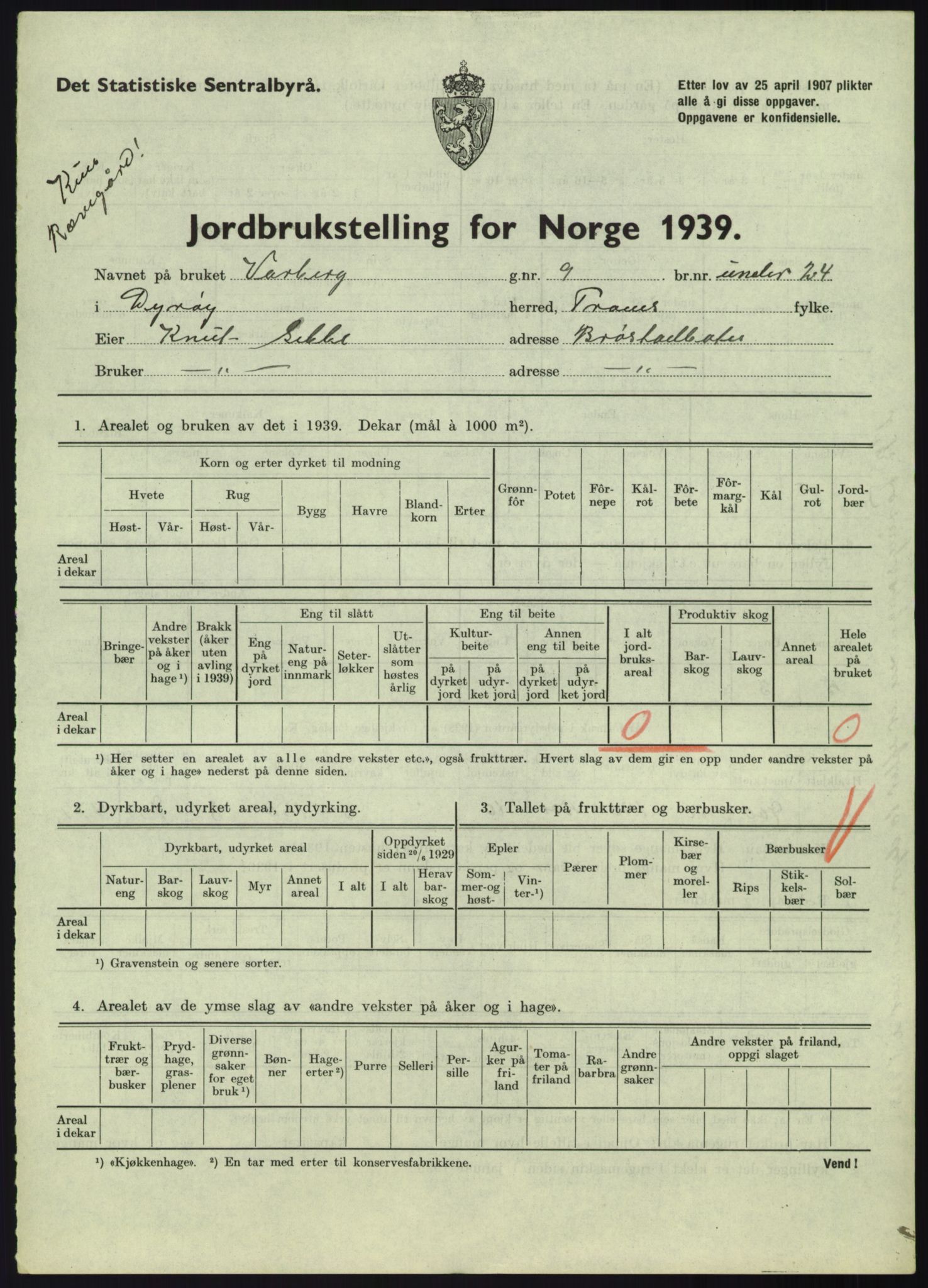 Statistisk sentralbyrå, Næringsøkonomiske emner, Jordbruk, skogbruk, jakt, fiske og fangst, AV/RA-S-2234/G/Gb/L0340: Troms: Salangen og Dyrøy, 1939, p. 833