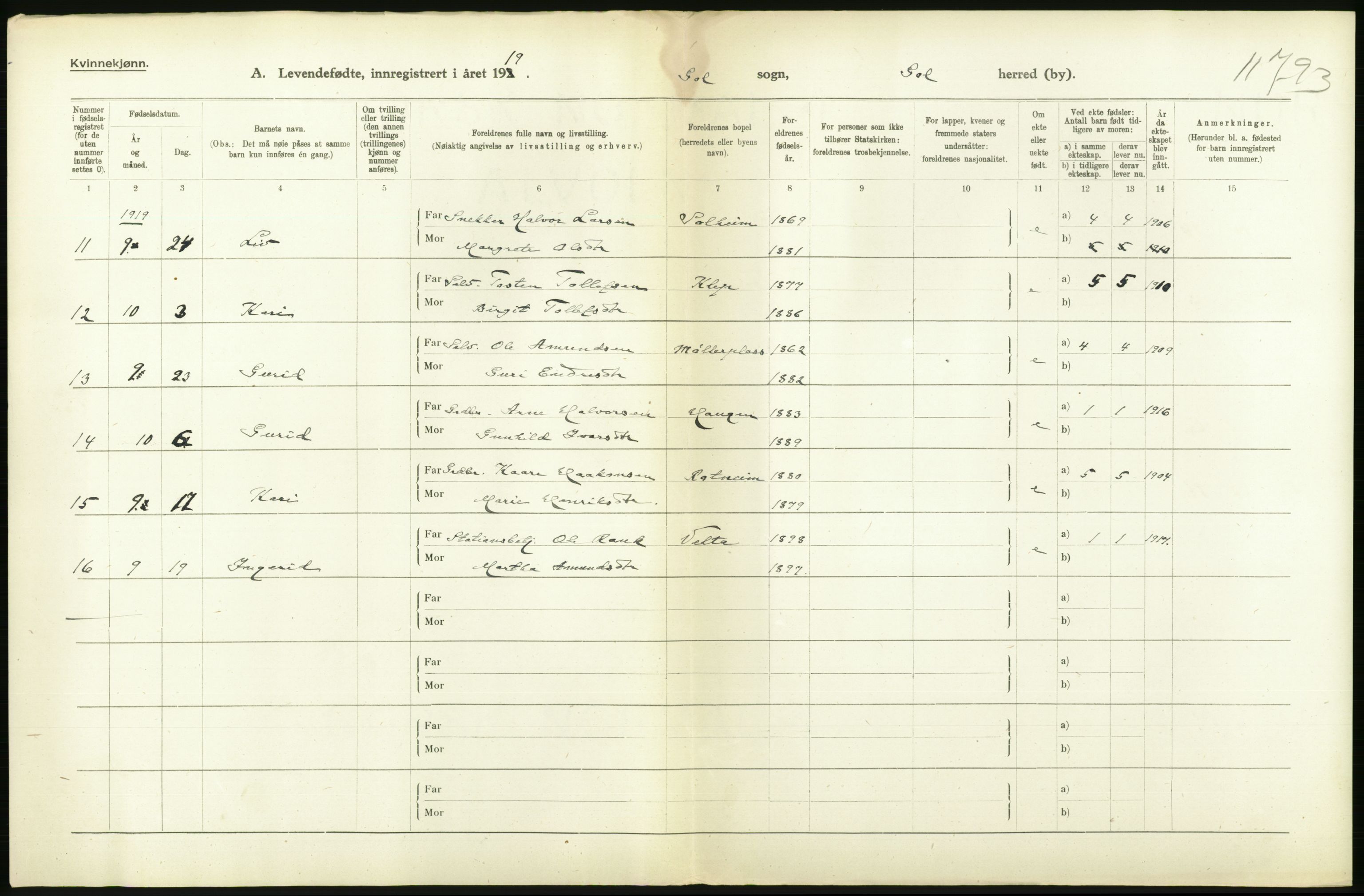 Statistisk sentralbyrå, Sosiodemografiske emner, Befolkning, RA/S-2228/D/Df/Dfb/Dfbi/L0016: Buskerud fylke: Levendefødte menn og kvinner. Bygder., 1919, p. 210