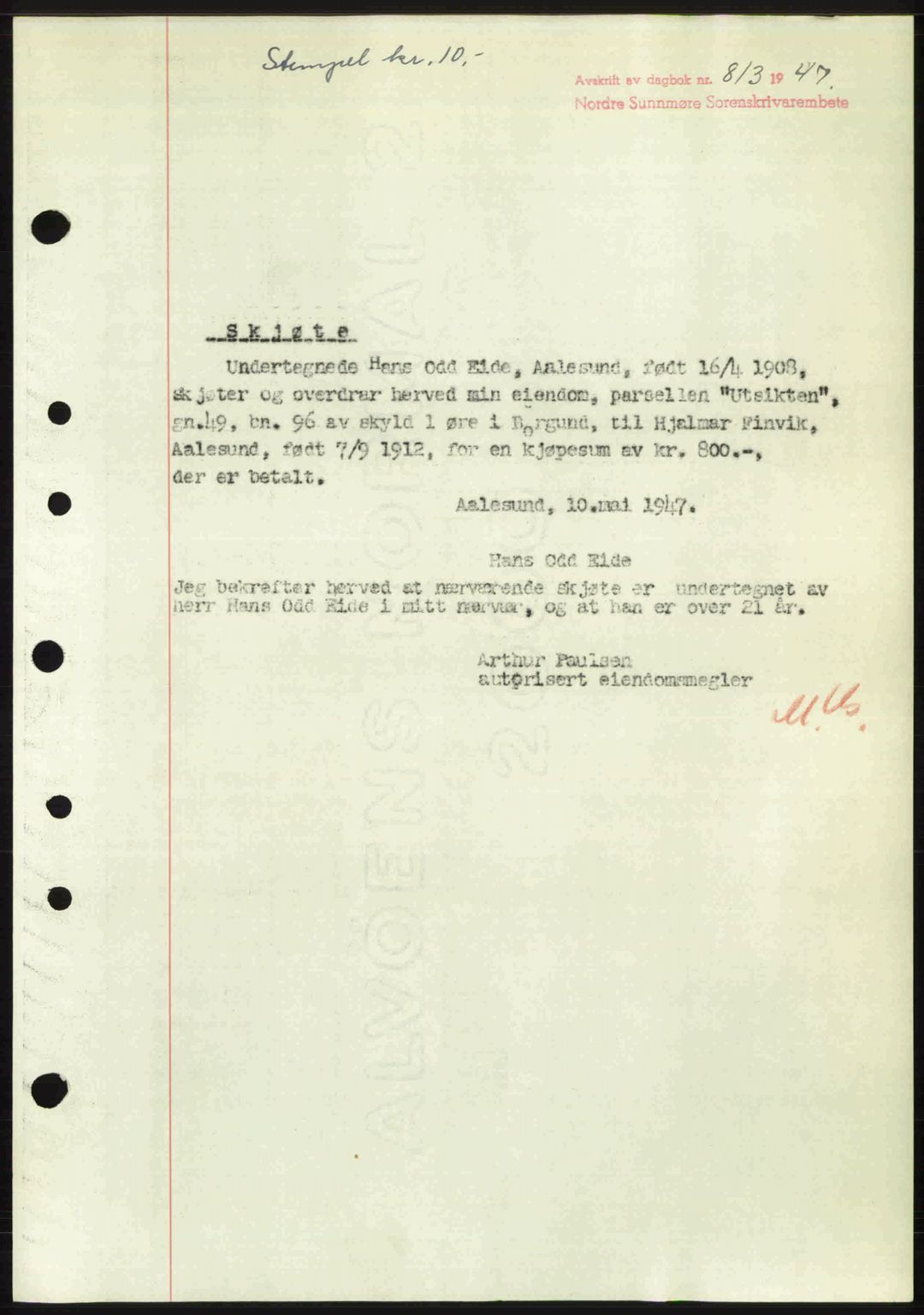 Nordre Sunnmøre sorenskriveri, AV/SAT-A-0006/1/2/2C/2Ca: Mortgage book no. A24, 1947-1947, Diary no: : 813/1947