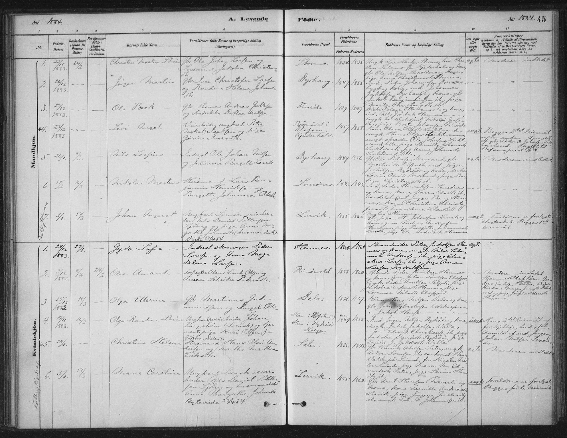 Ministerialprotokoller, klokkerbøker og fødselsregistre - Nordland, AV/SAT-A-1459/825/L0361: Parish register (official) no. 825A15, 1878-1893, p. 45