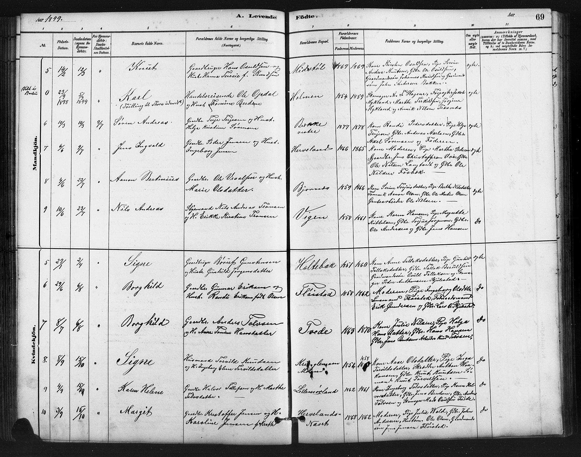 Austre Moland sokneprestkontor, SAK/1111-0001/F/Fb/Fba/L0003: Parish register (copy) no. B 3, 1879-1914, p. 69