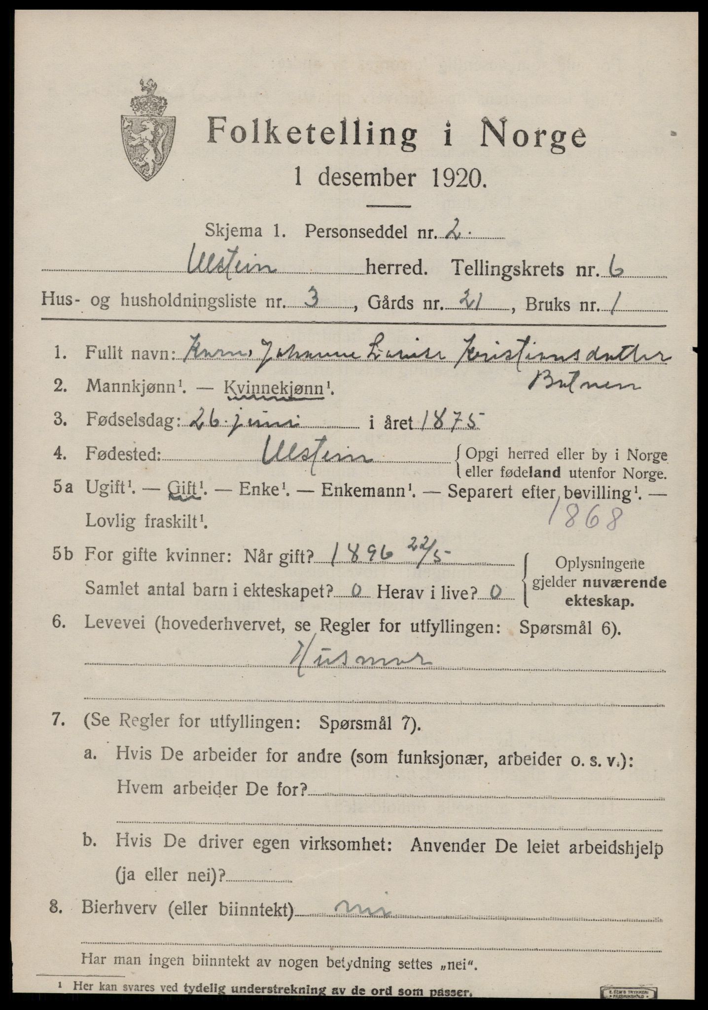 SAT, 1920 census for Ulstein, 1920, p. 3804