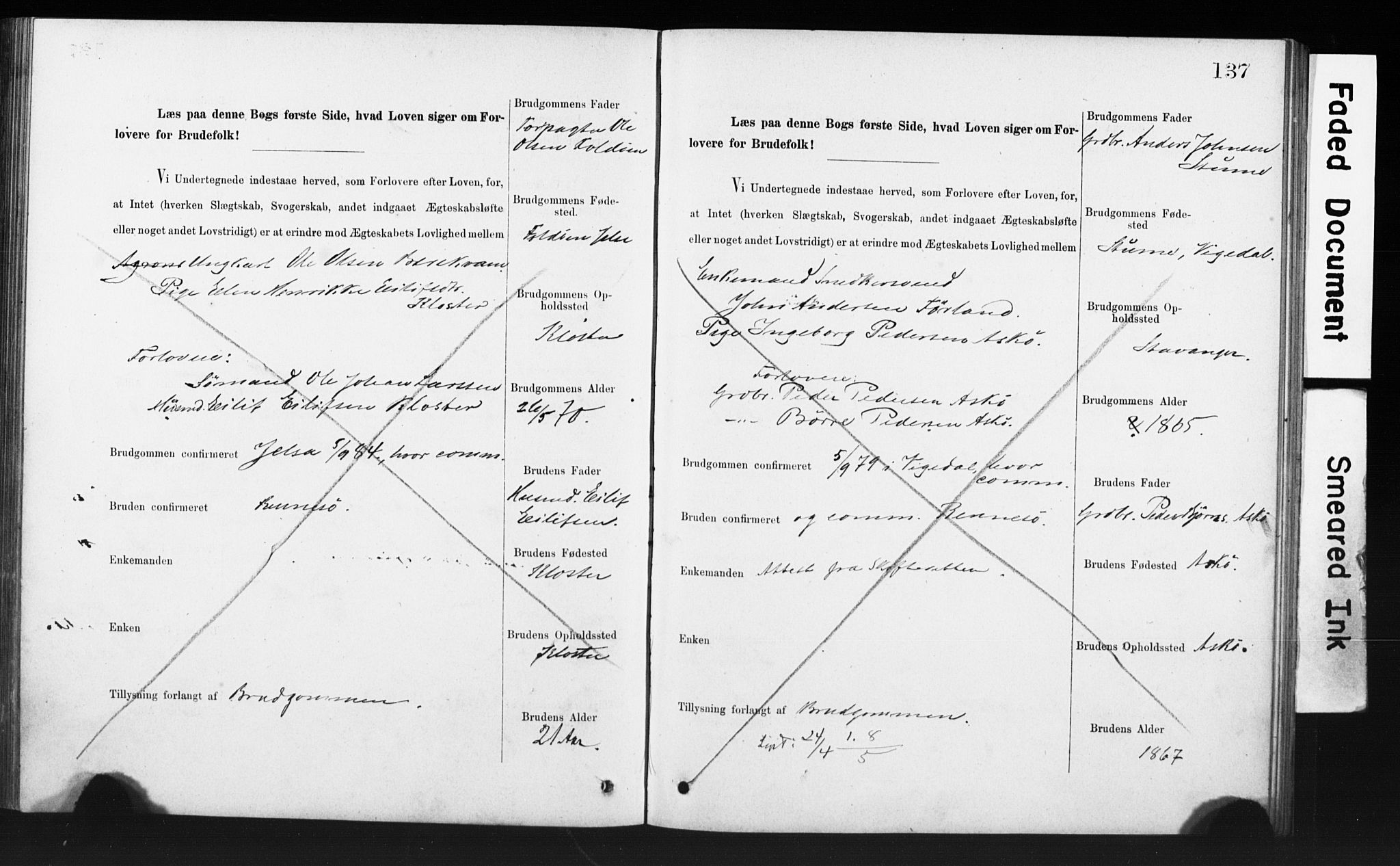 Rennesøy sokneprestkontor, AV/SAST-A -101827/I/Ie/L0001: Banns register no. 1, 1873-1898, p. 137