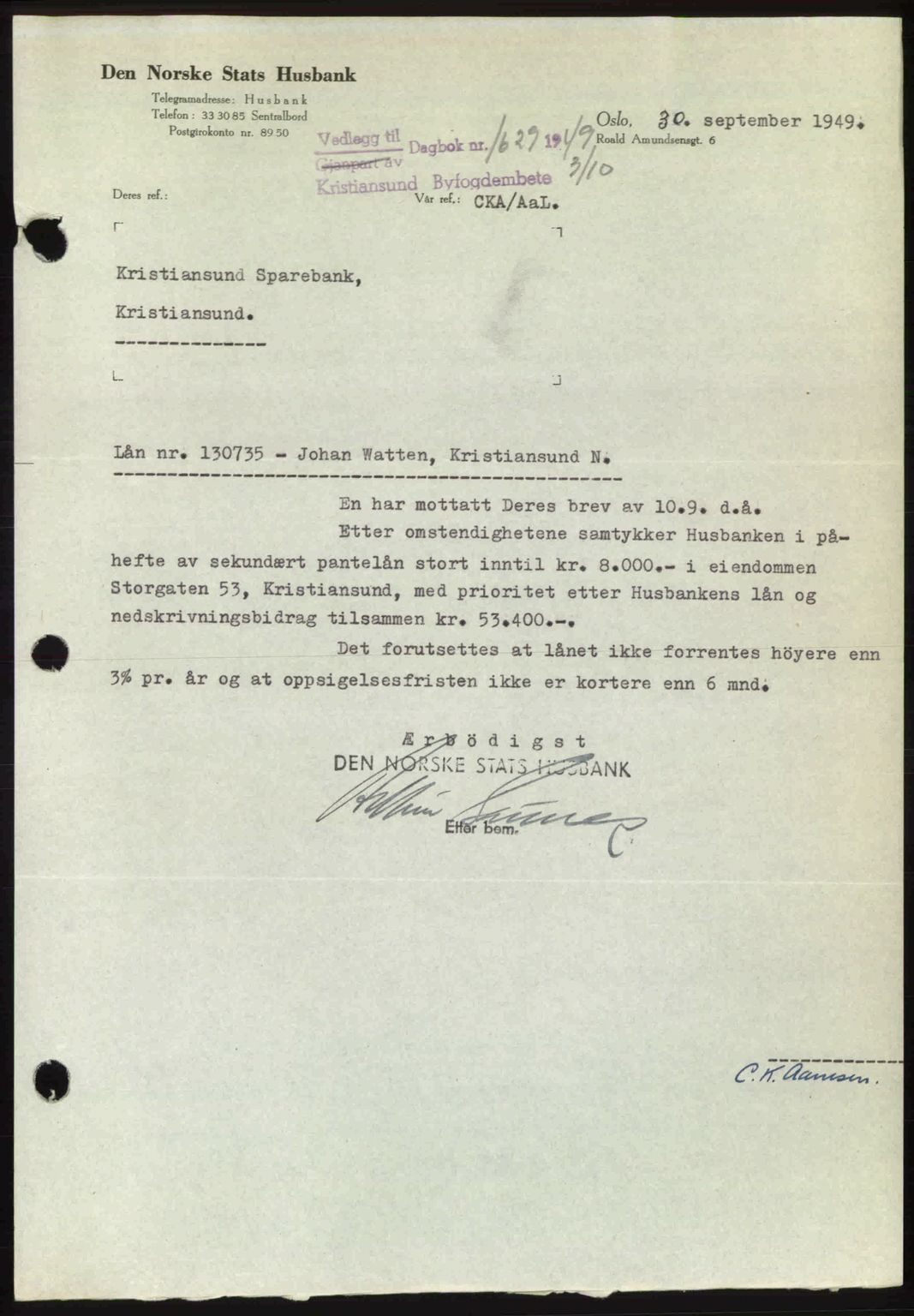 Kristiansund byfogd, AV/SAT-A-4587/A/27: Mortgage book no. 45, 1948-1949, Diary no: : 1629/1949