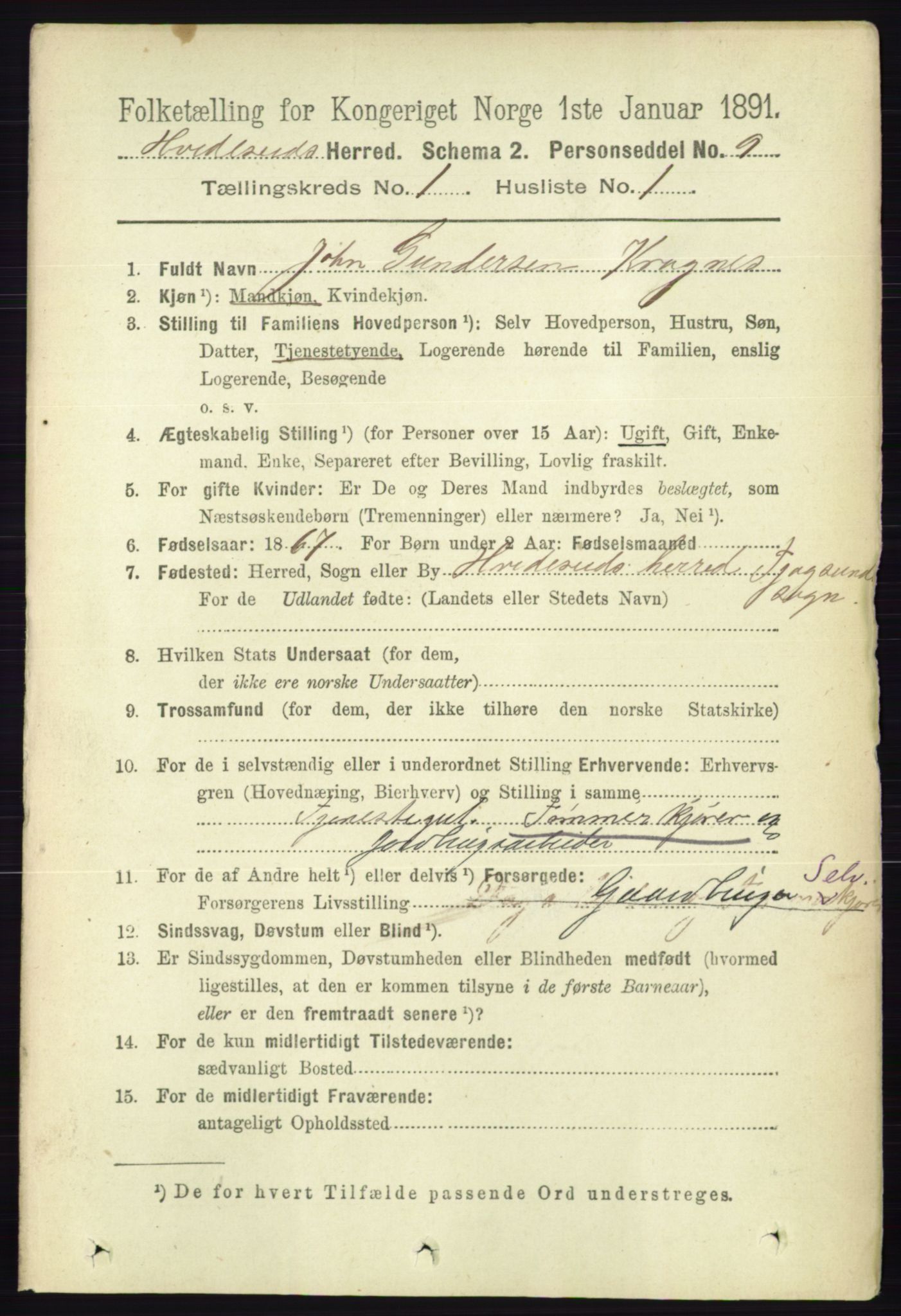 RA, 1891 census for 0829 Kviteseid, 1891, p. 85