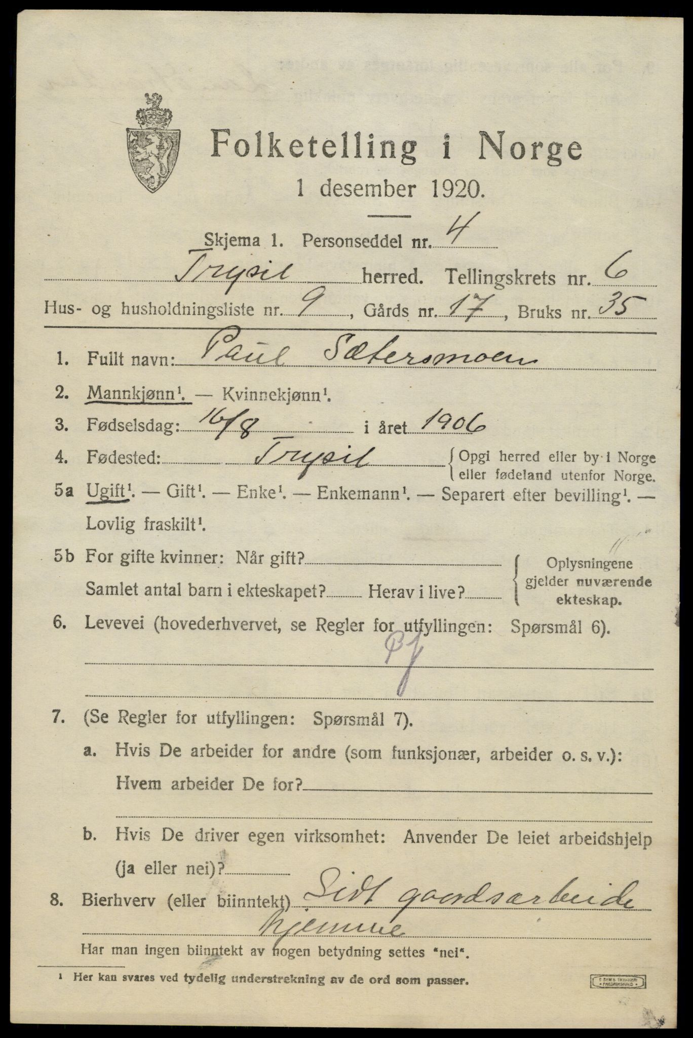 SAH, 1920 census for Trysil, 1920, p. 4641