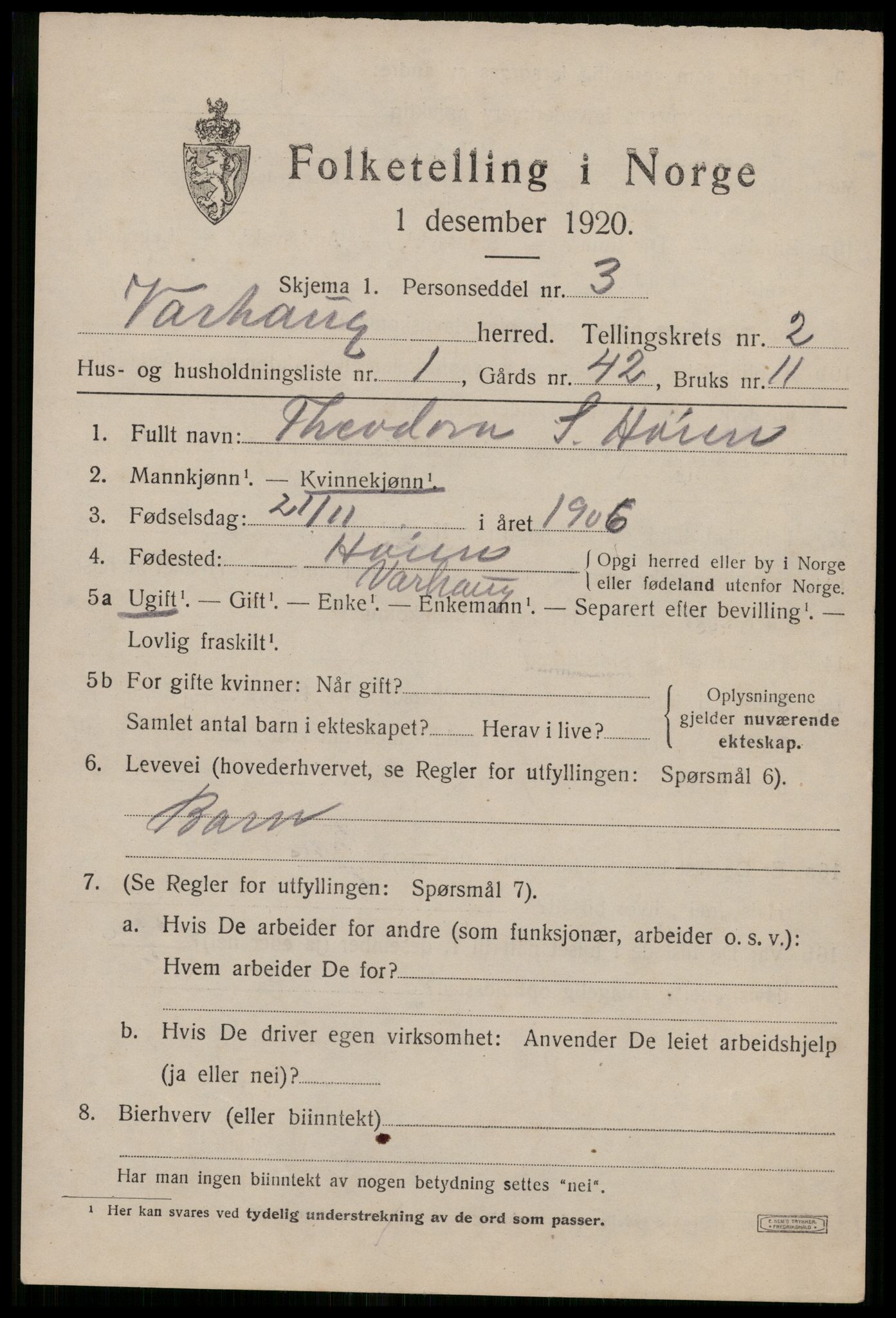 SAST, 1920 census for Varhaug, 1920, p. 1991