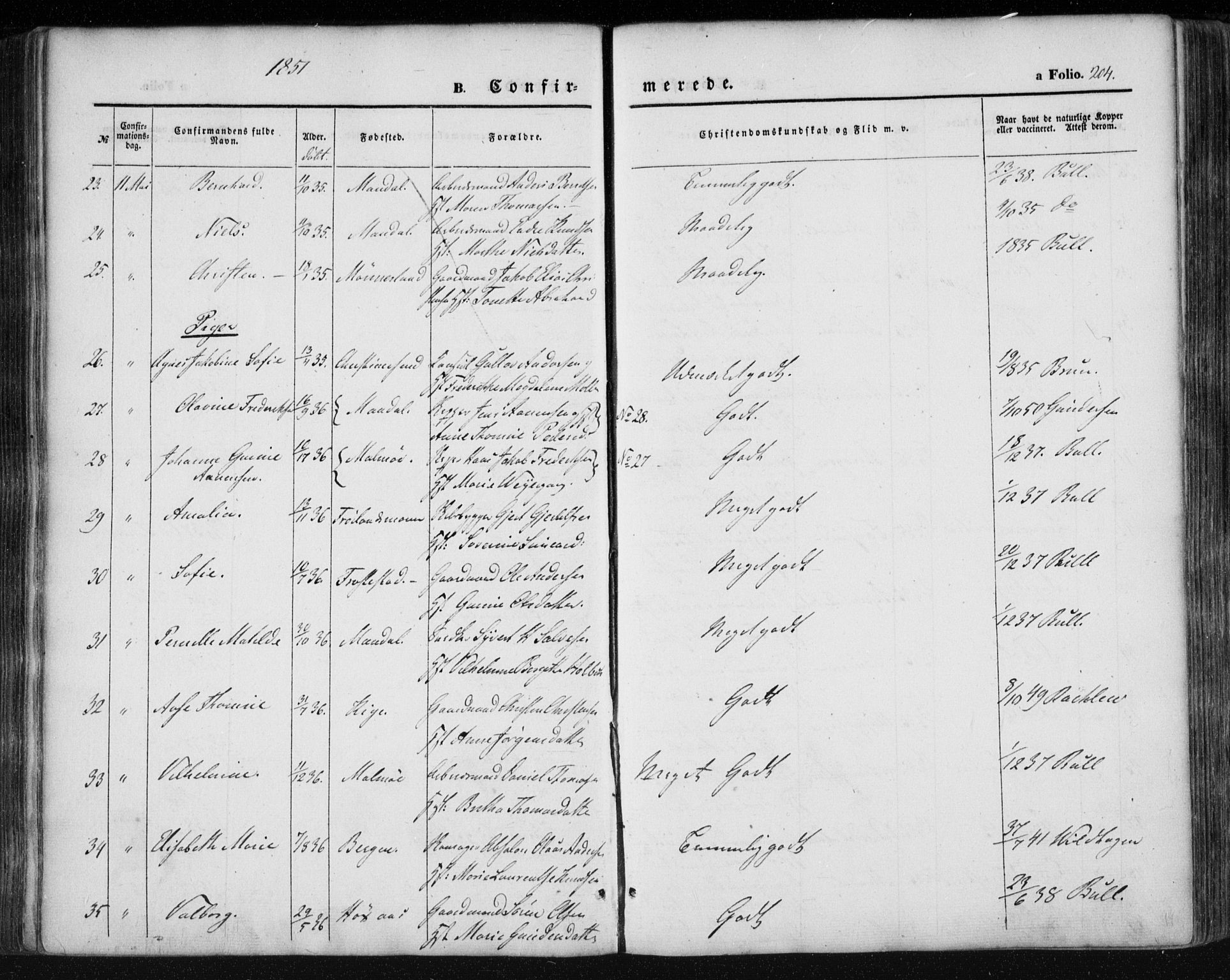 Mandal sokneprestkontor, AV/SAK-1111-0030/F/Fa/Faa/L0013: Parish register (official) no. A 13, 1847-1859, p. 204