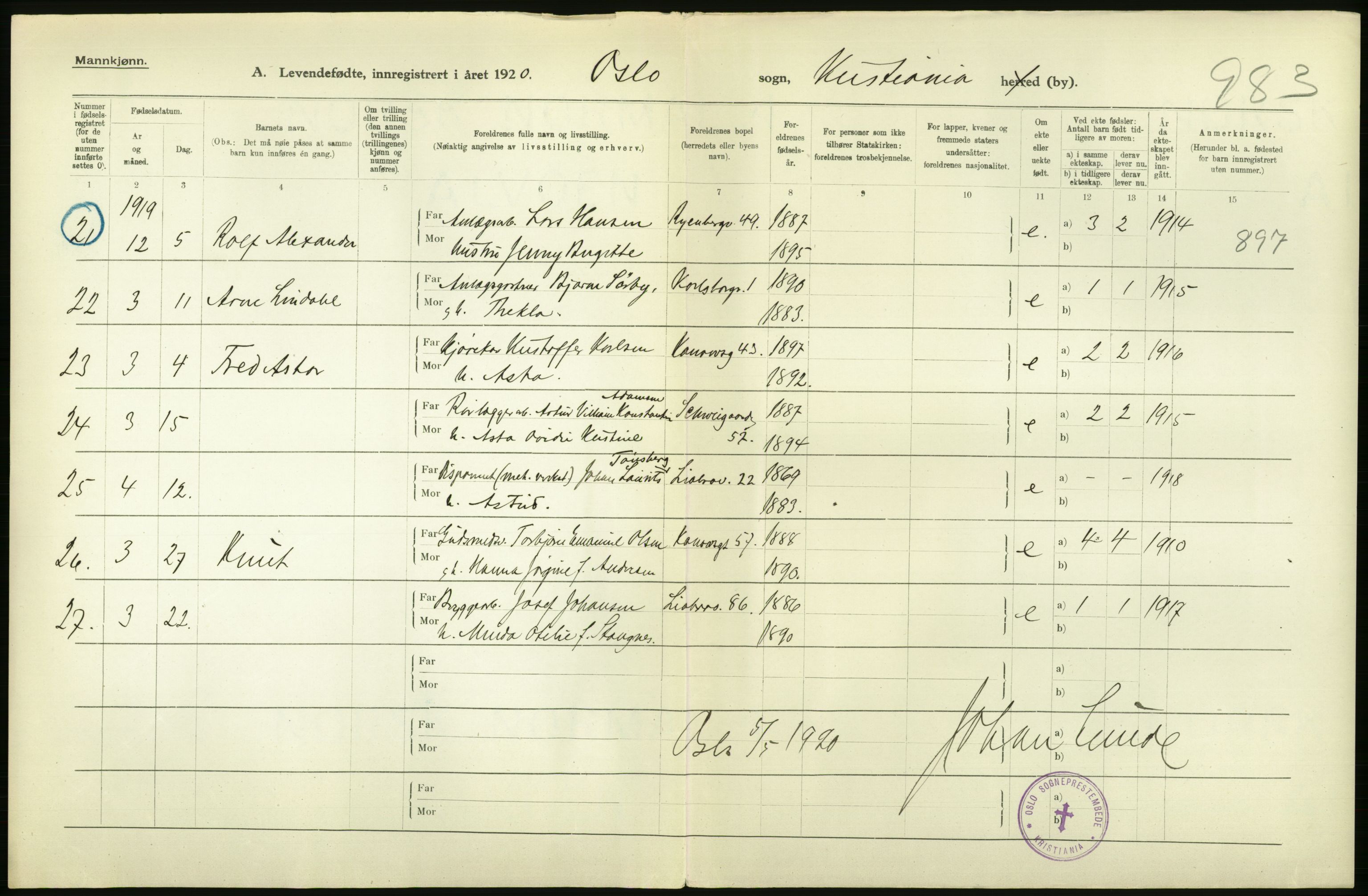 Statistisk sentralbyrå, Sosiodemografiske emner, Befolkning, AV/RA-S-2228/D/Df/Dfb/Dfbj/L0008: Kristiania: Levendefødte menn og kvinner., 1920, p. 8