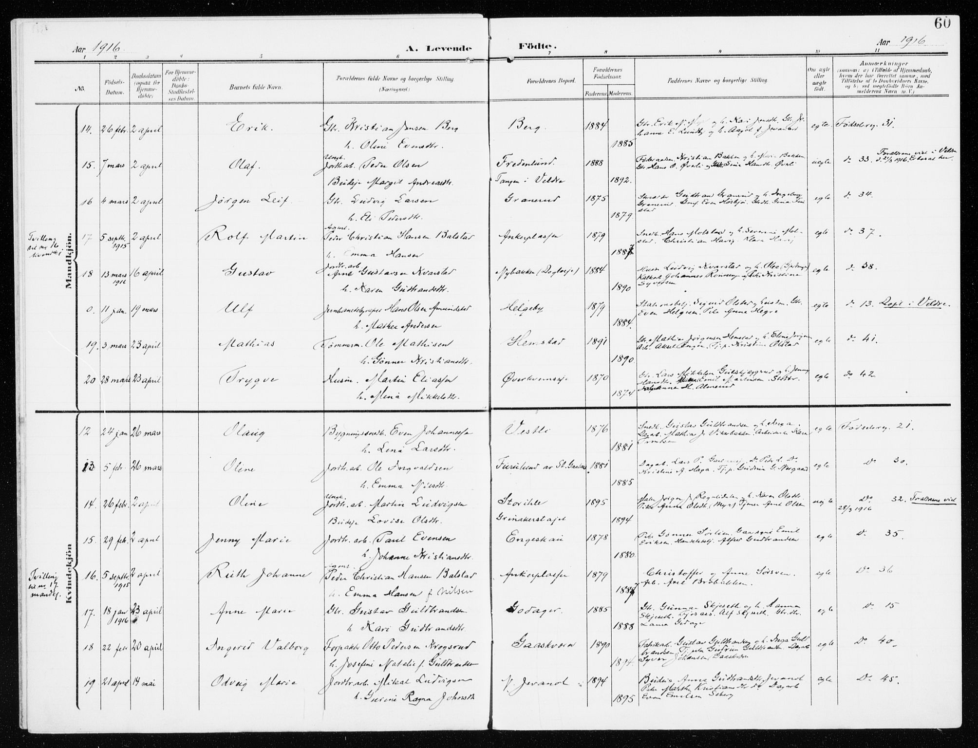 Furnes prestekontor, SAH/PREST-012/K/Ka/L0001: Parish register (official) no. 1, 1907-1935, p. 60