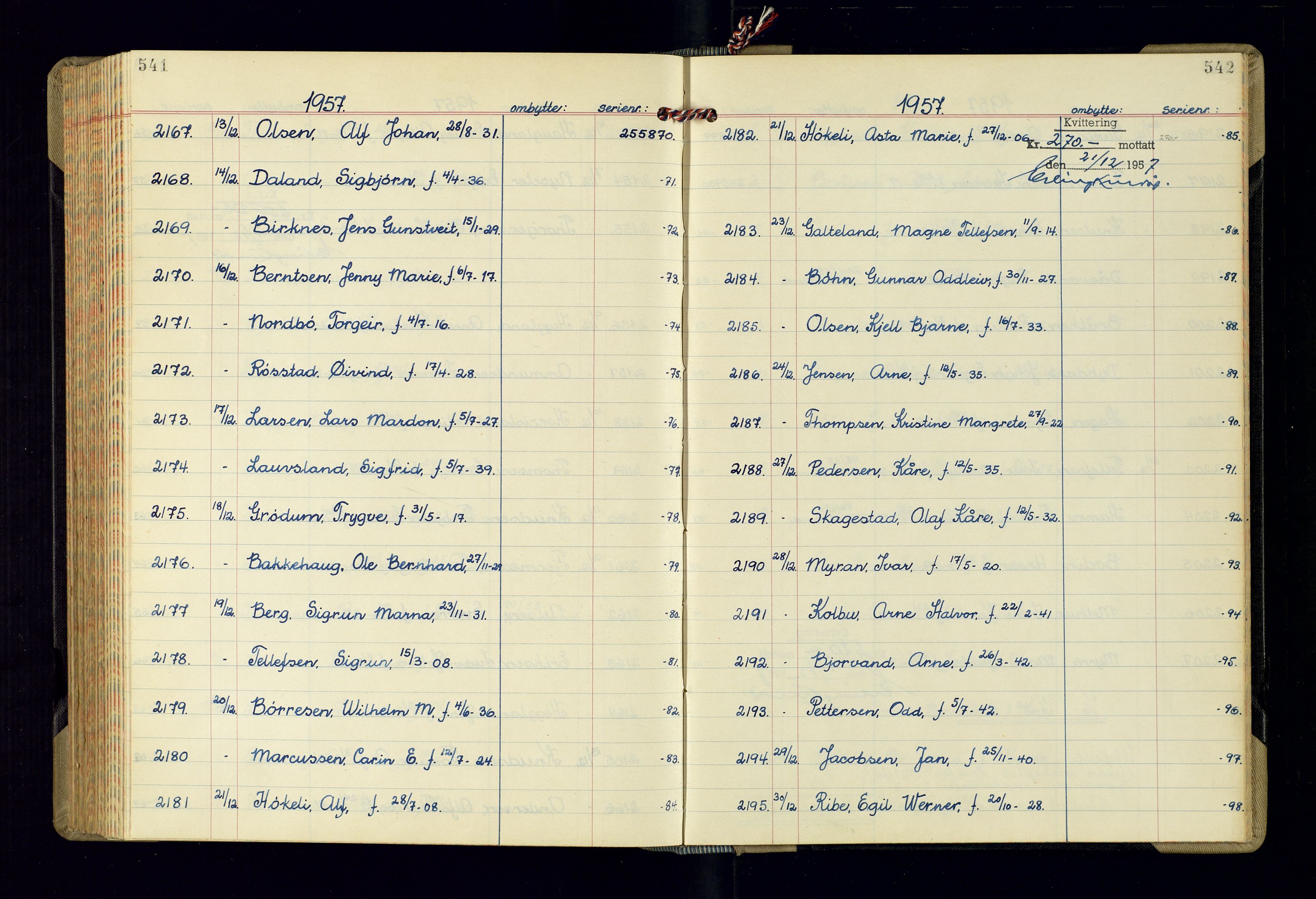 Kristiansand politikammer - 2, AV/SAK-1243-0009/K/Ka/Kaa/L0613: Passprotokoll, liste med løpenumre, 1954-1958, p. 541-542