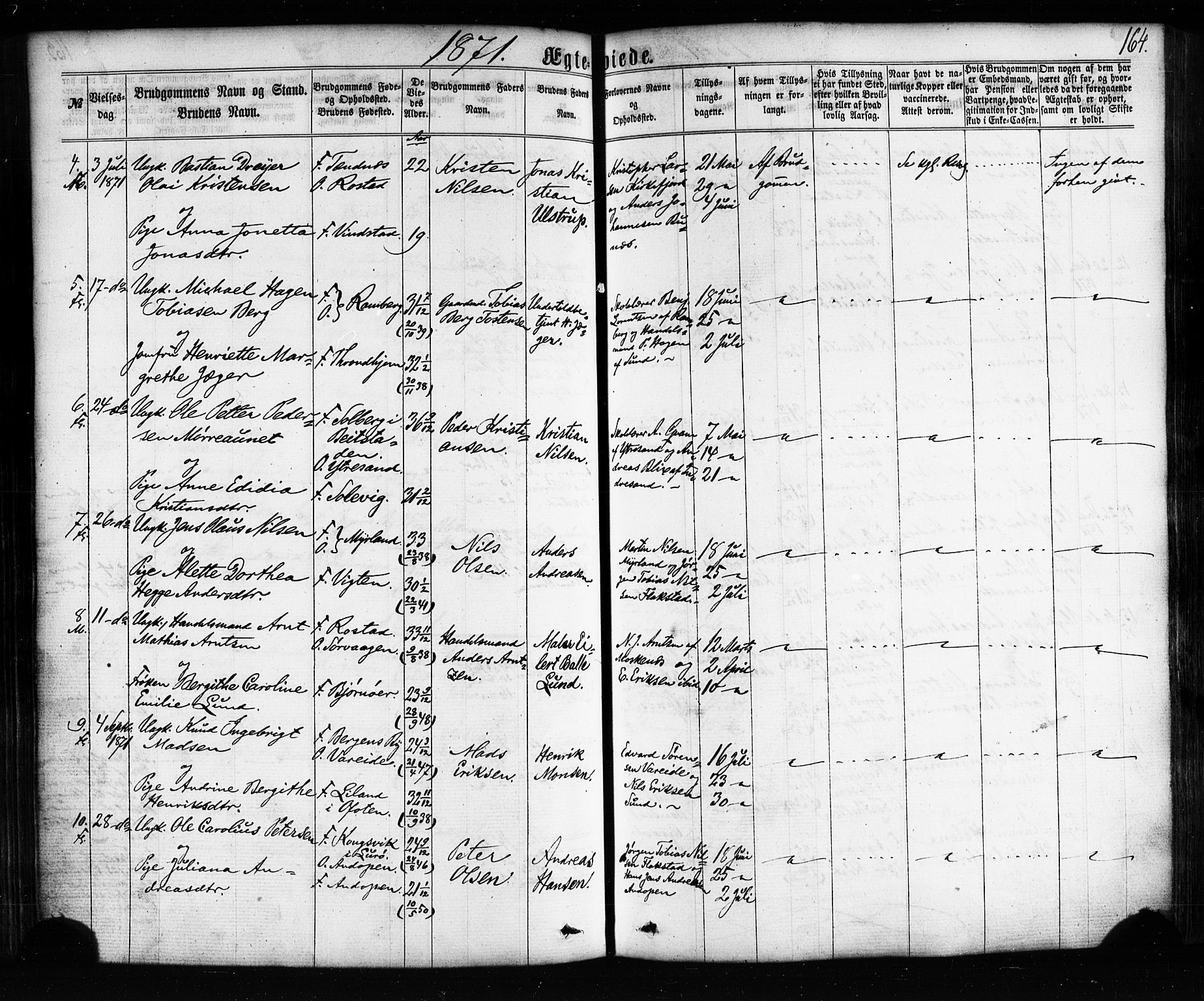 Ministerialprotokoller, klokkerbøker og fødselsregistre - Nordland, AV/SAT-A-1459/885/L1203: Parish register (official) no. 885A04, 1859-1877, p. 164