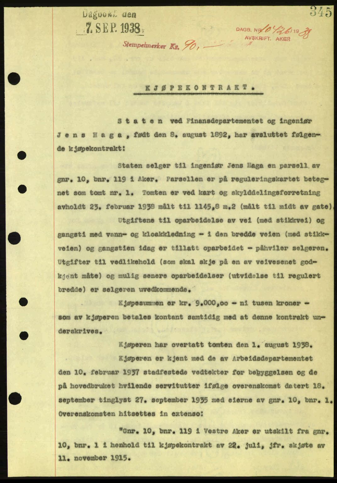 Aker herredsskriveri, SAO/A-10896/G/Gb/Gba/Gbab/L0025: Mortgage book no. A154-155, 1938-1938, Diary no: : 10426/1938