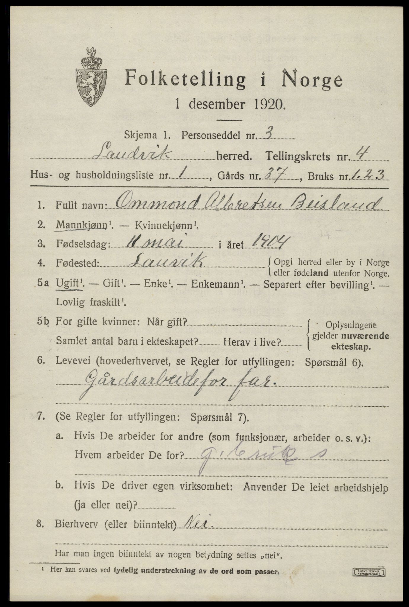 SAK, 1920 census for Landvik, 1920, p. 3664