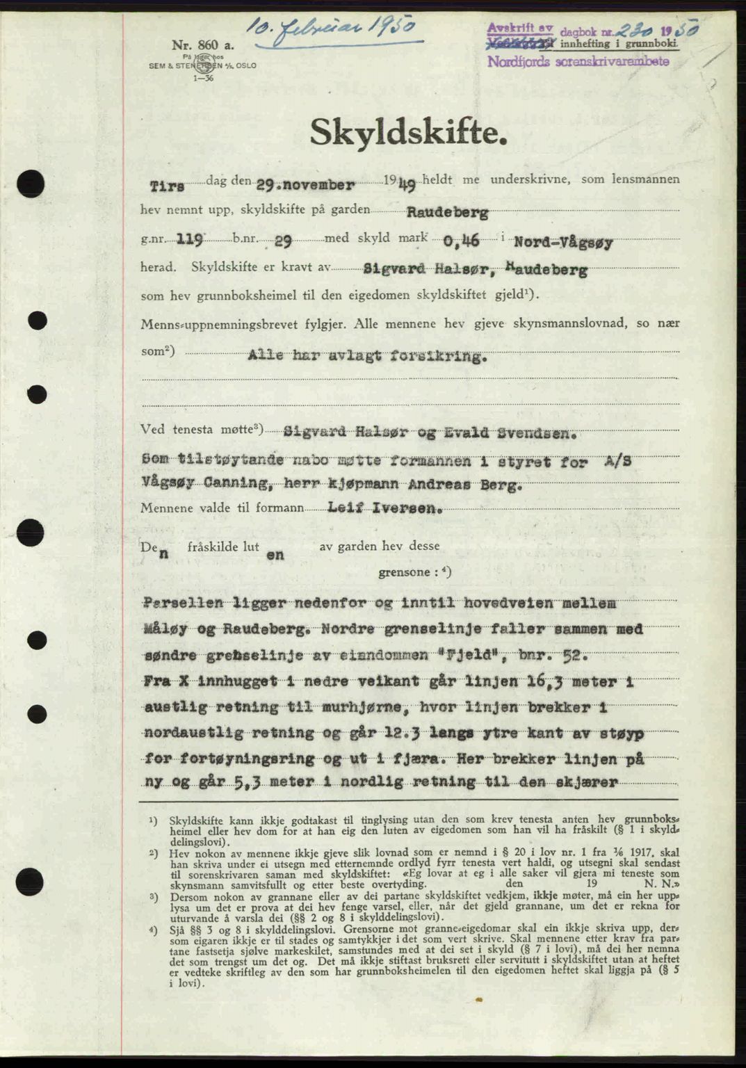 Nordfjord sorenskriveri, SAB/A-2801/02/02b/02bj/L0016a: Mortgage book no. A16 I, 1949-1950, Diary no: : 230/1950