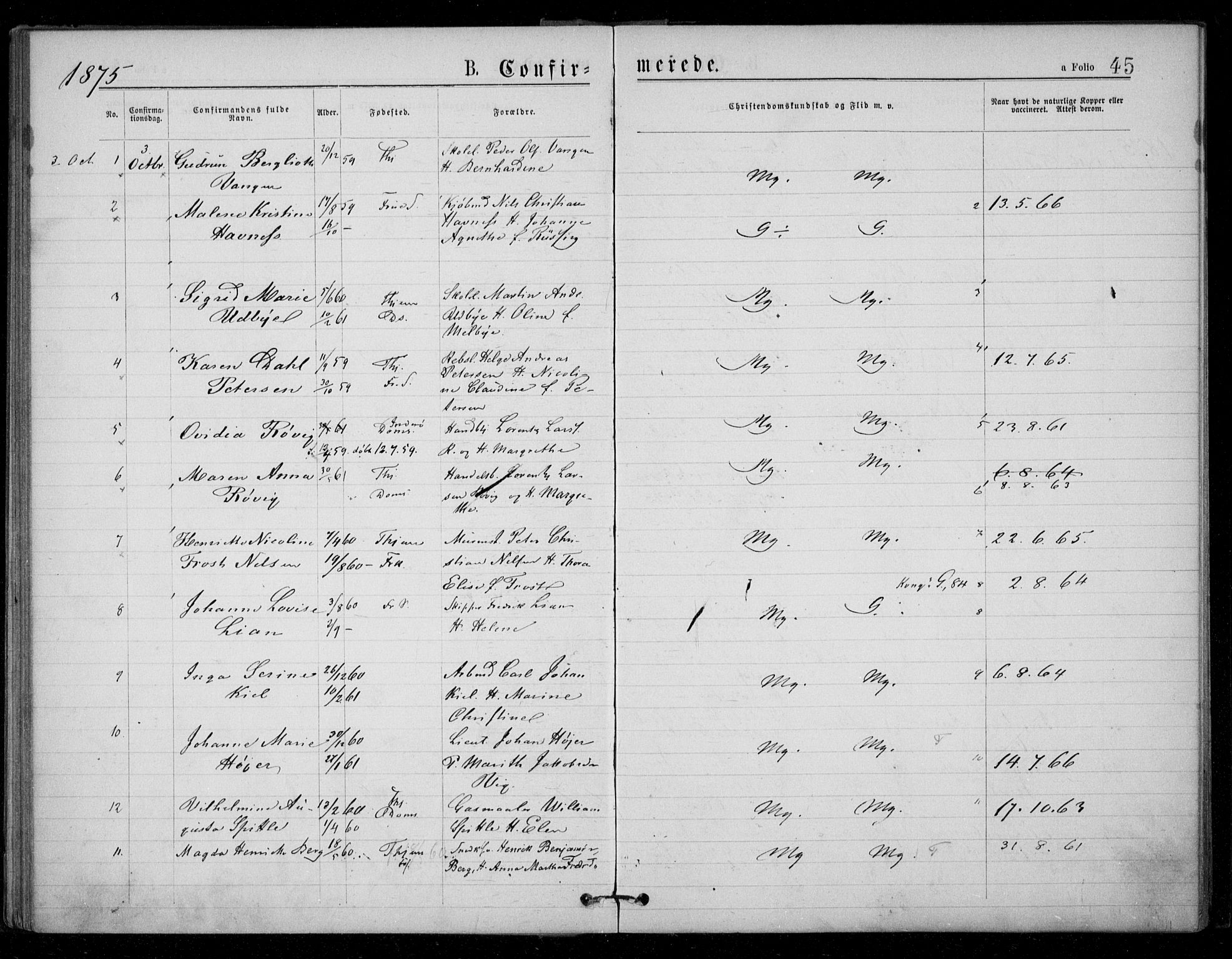 Ministerialprotokoller, klokkerbøker og fødselsregistre - Sør-Trøndelag, SAT/A-1456/602/L0121: Parish register (official) no. 602A19, 1872-1879, p. 45