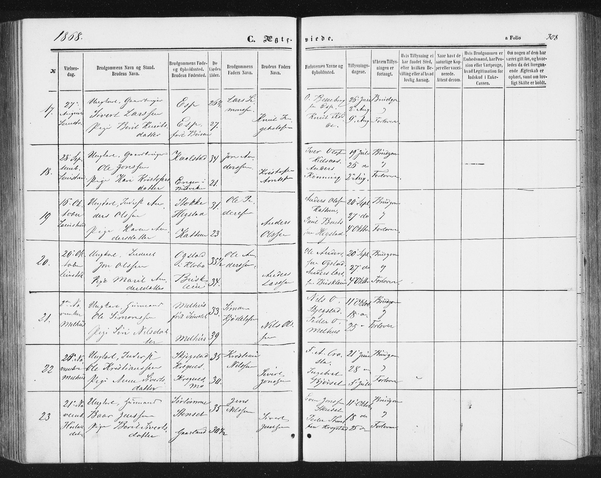 Ministerialprotokoller, klokkerbøker og fødselsregistre - Sør-Trøndelag, AV/SAT-A-1456/691/L1077: Parish register (official) no. 691A09, 1862-1873, p. 308