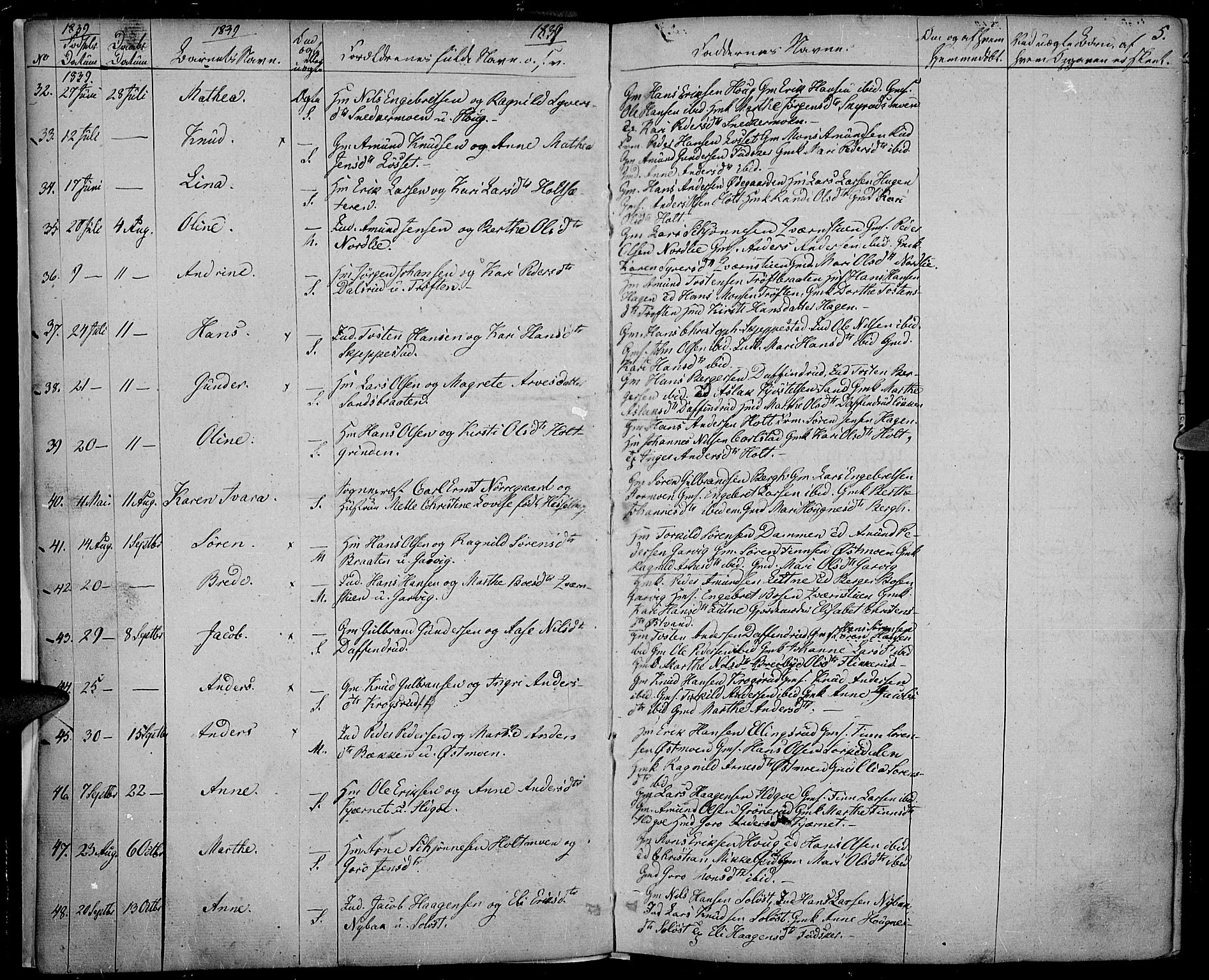 Nord-Odal prestekontor, AV/SAH-PREST-032/H/Ha/Haa/L0002: Parish register (official) no. 2, 1839-1850, p. 5