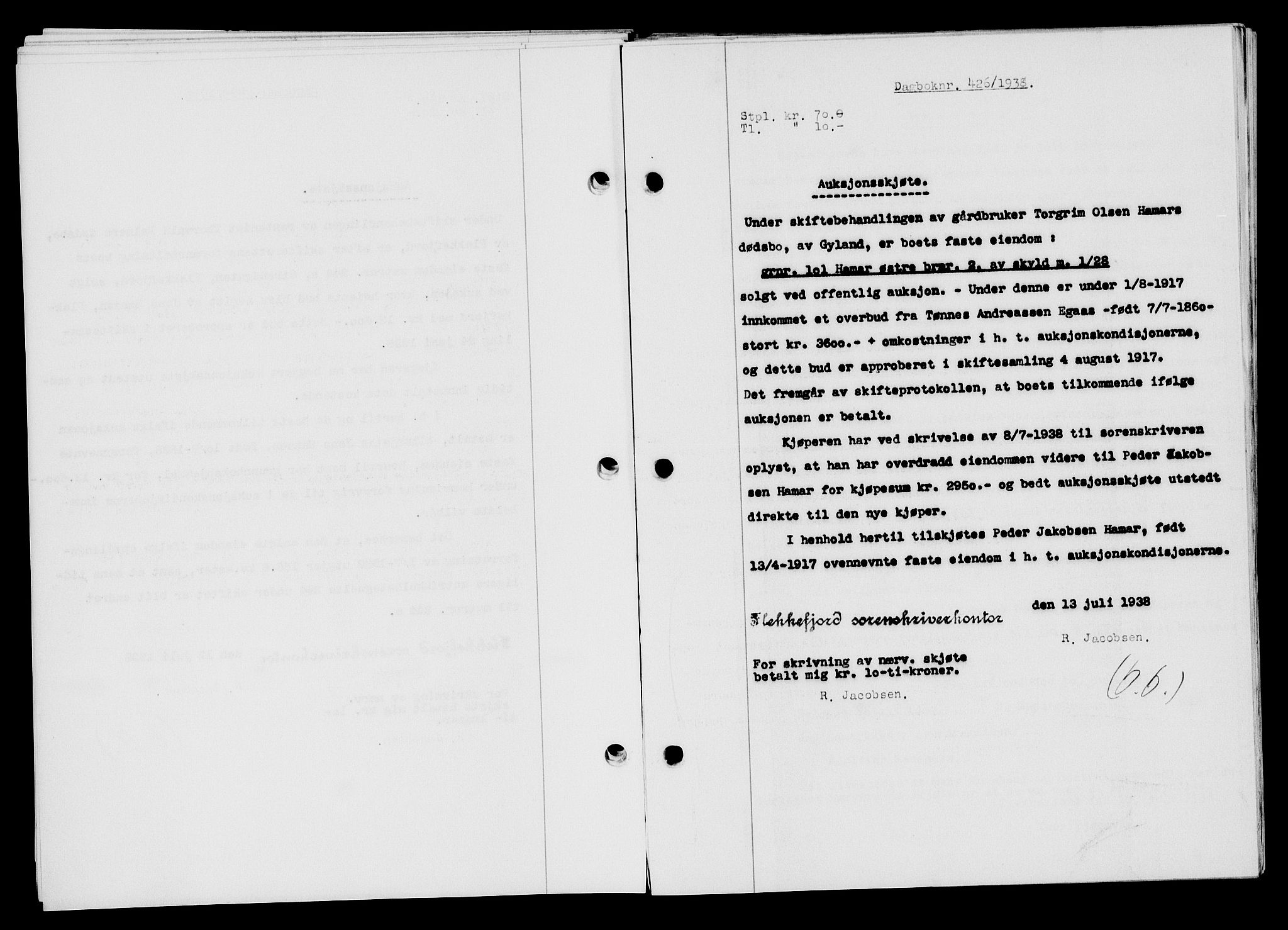 Flekkefjord sorenskriveri, SAK/1221-0001/G/Gb/Gba/L0054: Mortgage book no. A-2, 1937-1938, Diary no: : 426/1938