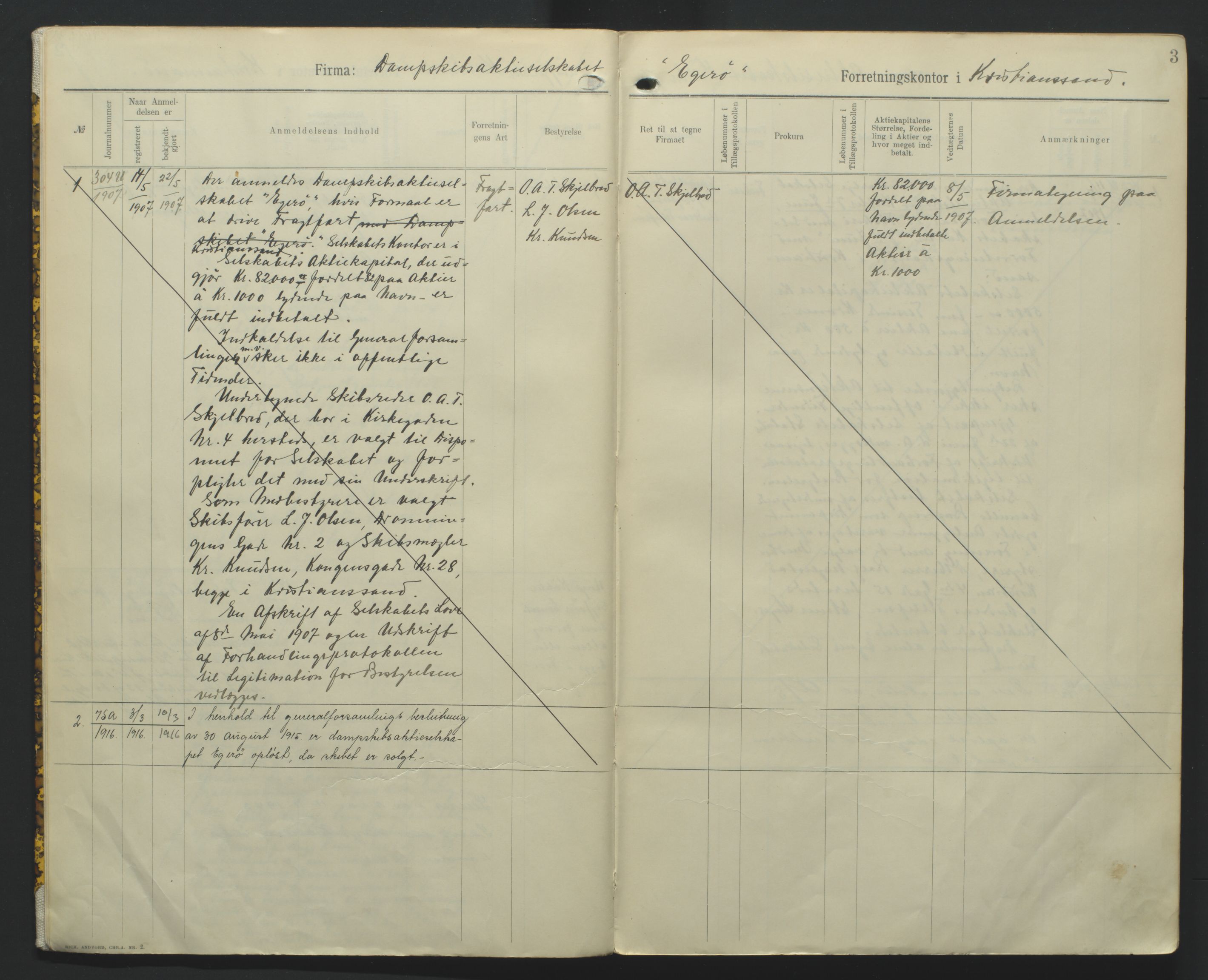 Kristiansand byrett, AV/SAK-1223-0001/K/Kb/L0010: Handelsregister B III, 1907-1915, p. 3