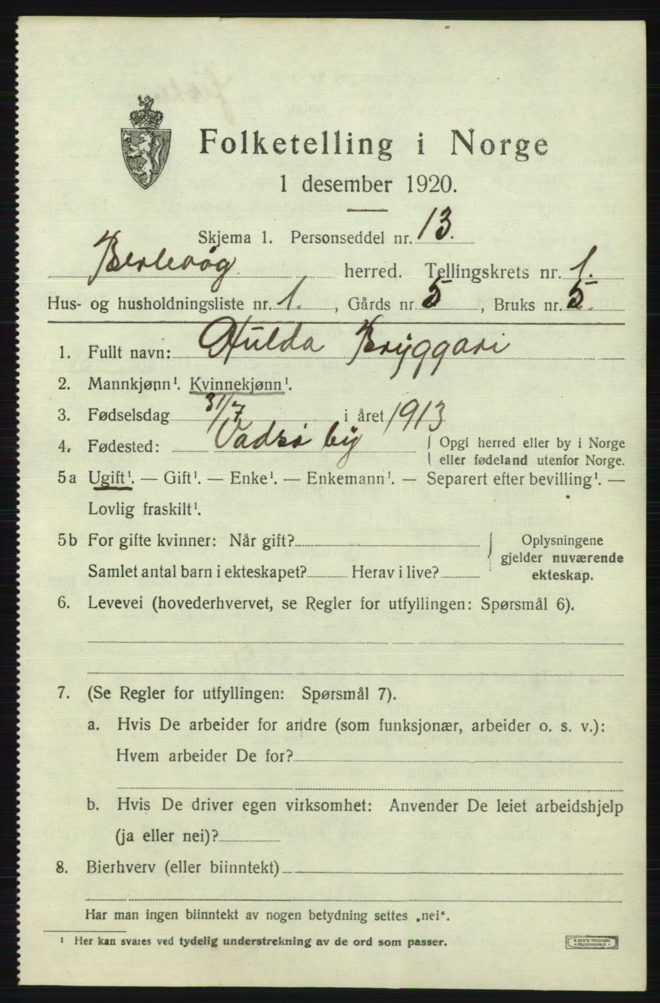 SATØ, 1920 census for Berlevåg, 1920, p. 429