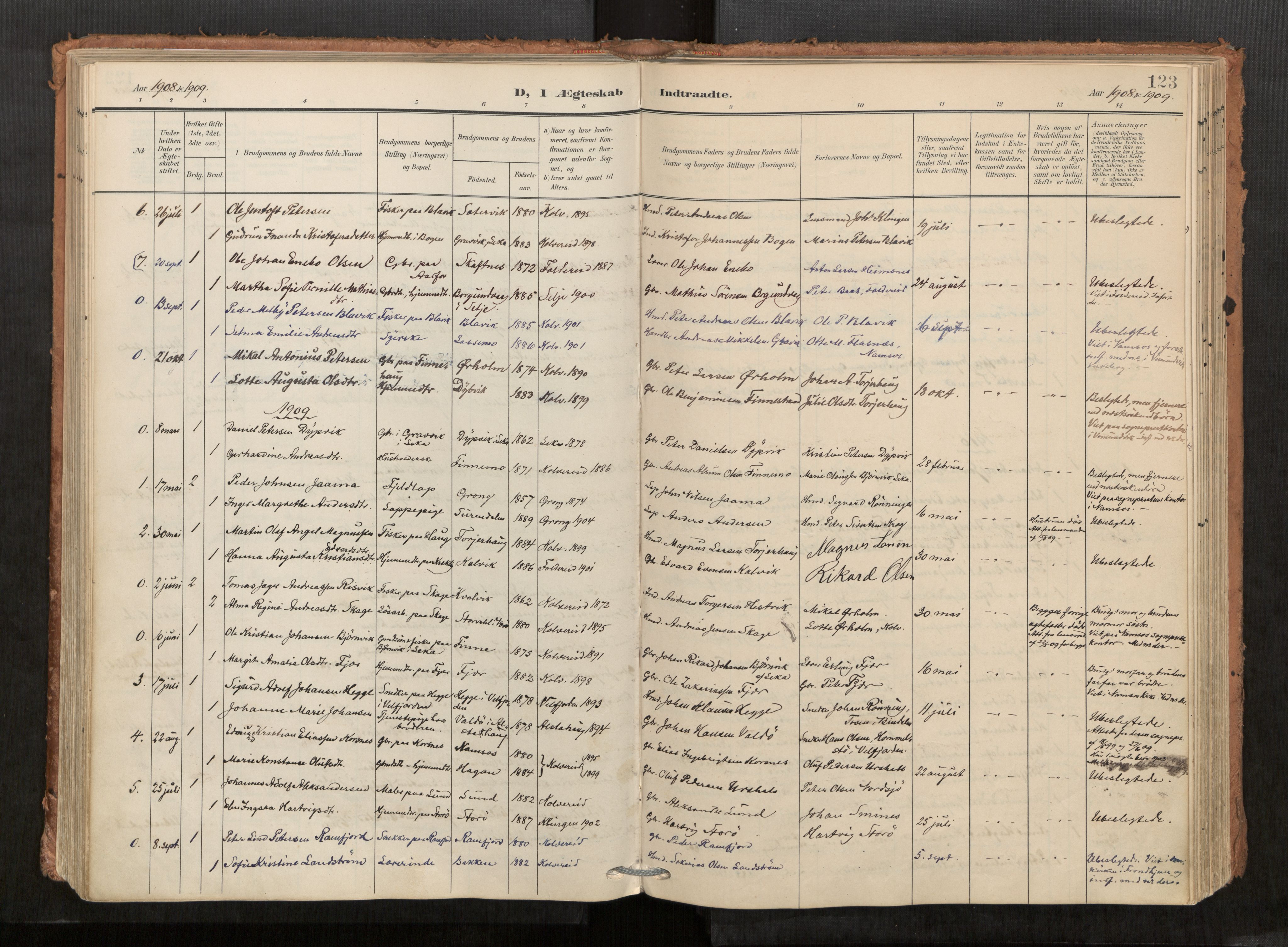 Kolvereid sokneprestkontor, AV/SAT-A-1171/H/Ha/Haa/L0001: Parish register (official) no. 1, 1903-1922, p. 123