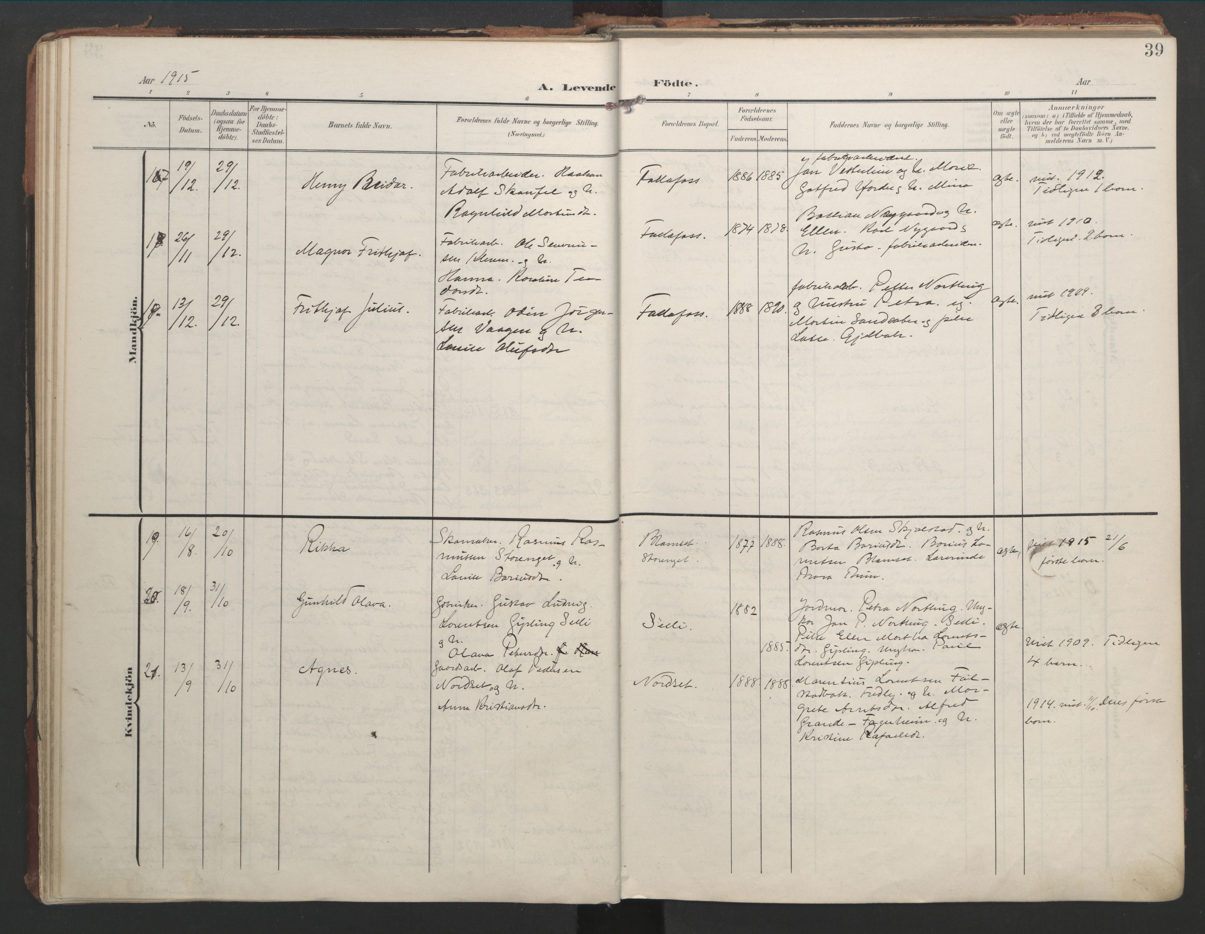 Ministerialprotokoller, klokkerbøker og fødselsregistre - Nord-Trøndelag, AV/SAT-A-1458/744/L0421: Parish register (official) no. 744A05, 1905-1930, p. 39