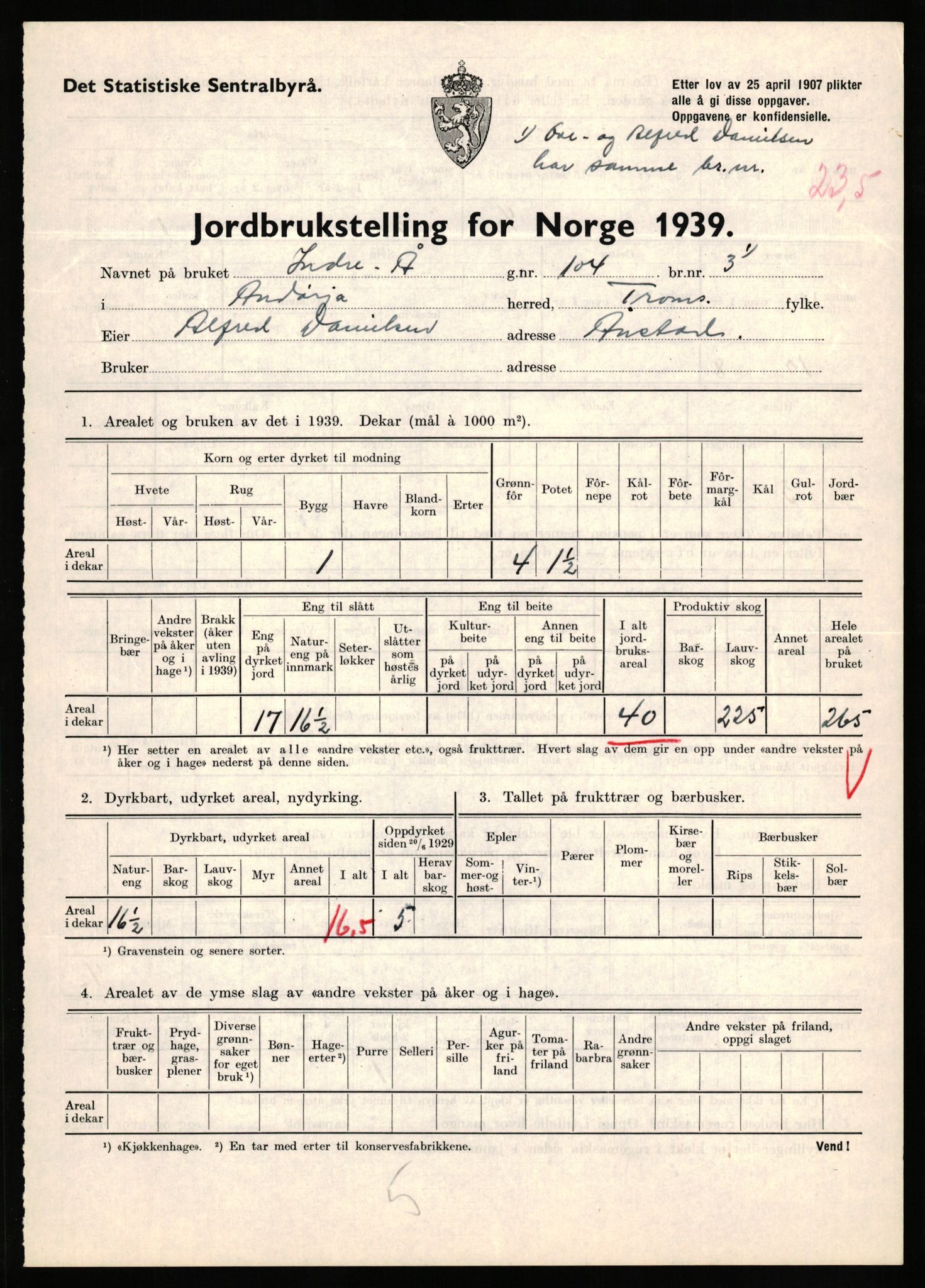 Statistisk sentralbyrå, Næringsøkonomiske emner, Jordbruk, skogbruk, jakt, fiske og fangst, AV/RA-S-2234/G/Gb/L0339: Troms: Andørja, Astafjord og Lavangen, 1939, p. 754