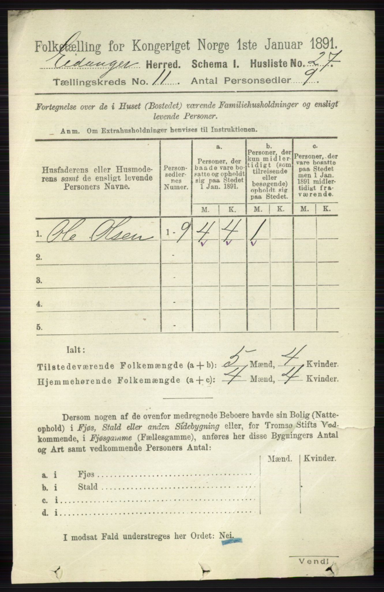 RA, 1891 census for 0813 Eidanger, 1891, p. 4233