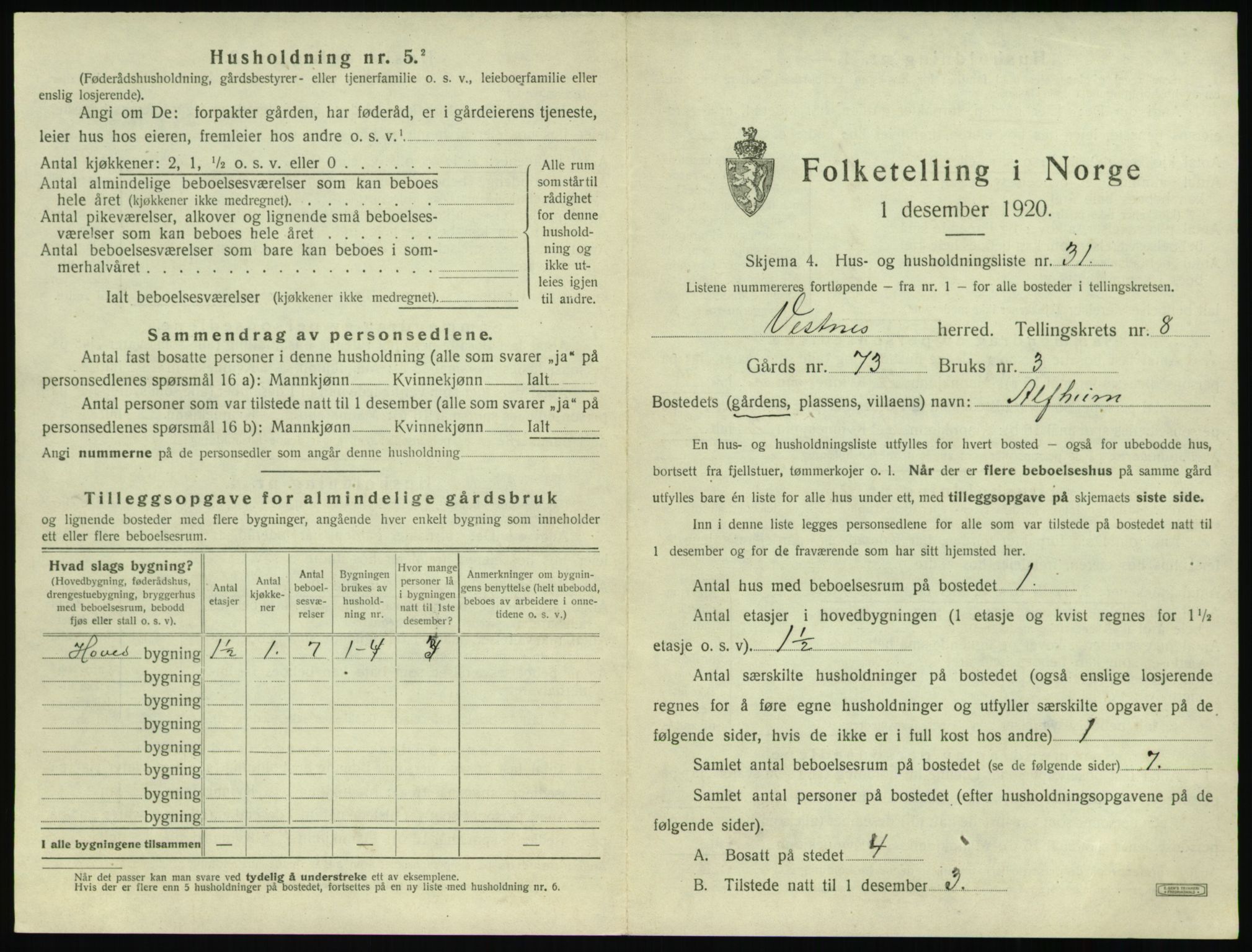 SAT, 1920 census for Vestnes, 1920, p. 927