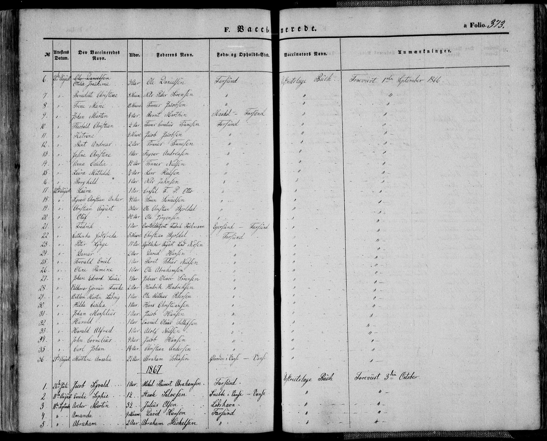 Farsund sokneprestkontor, AV/SAK-1111-0009/F/Fa/L0005: Parish register (official) no. A 5, 1863-1886, p. 373