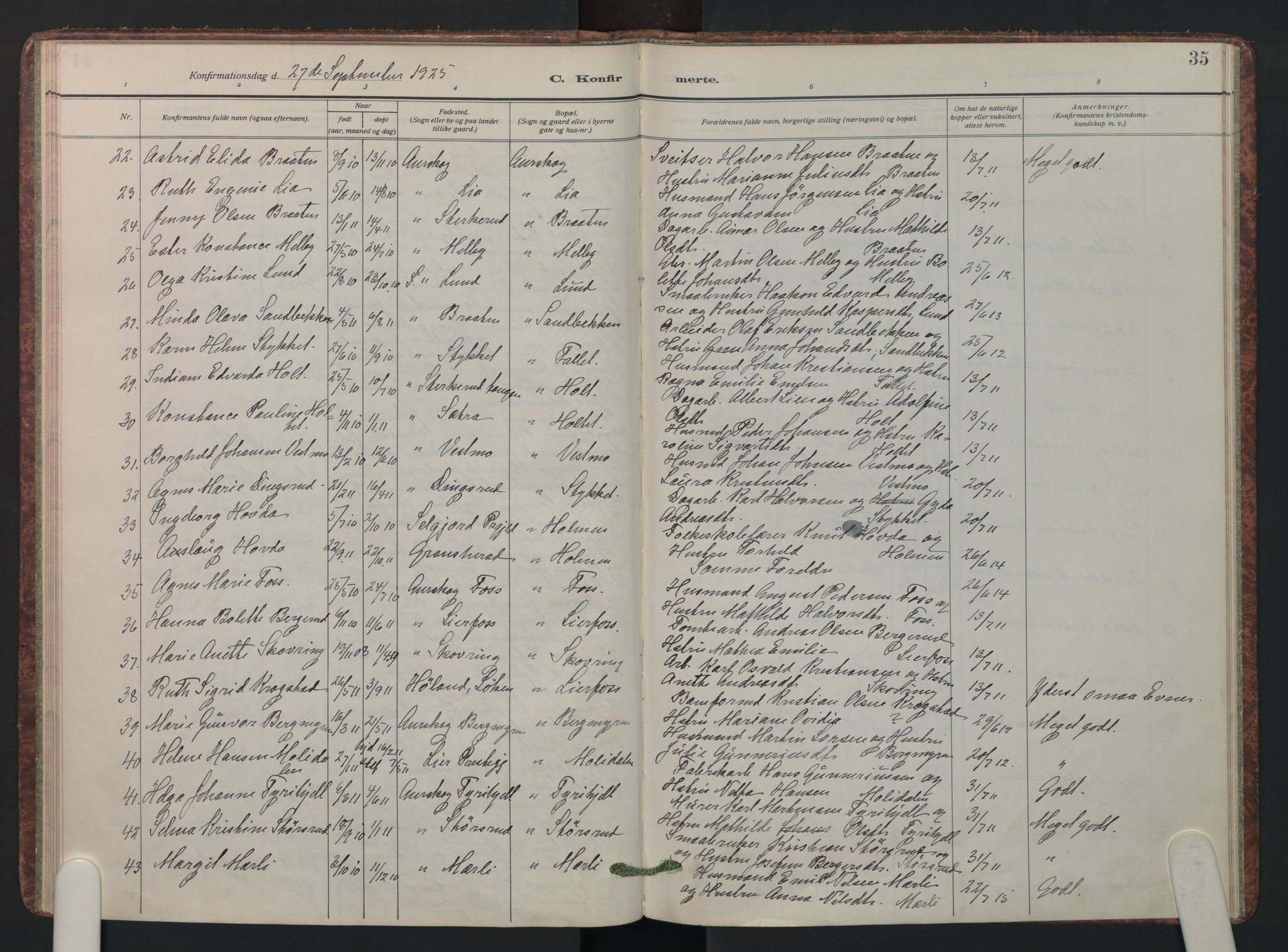 Aurskog prestekontor Kirkebøker, SAO/A-10304a/F/Fa/L0015: Parish register (official) no. I 15, 1915-1929, p. 35
