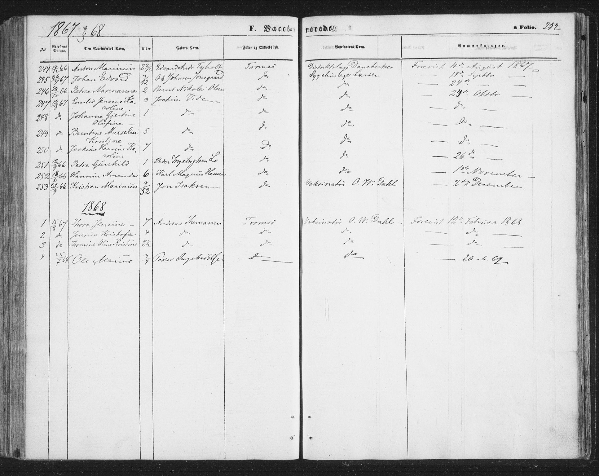 Tromsø sokneprestkontor/stiftsprosti/domprosti, SATØ/S-1343/G/Ga/L0012kirke: Parish register (official) no. 12, 1865-1871, p. 252